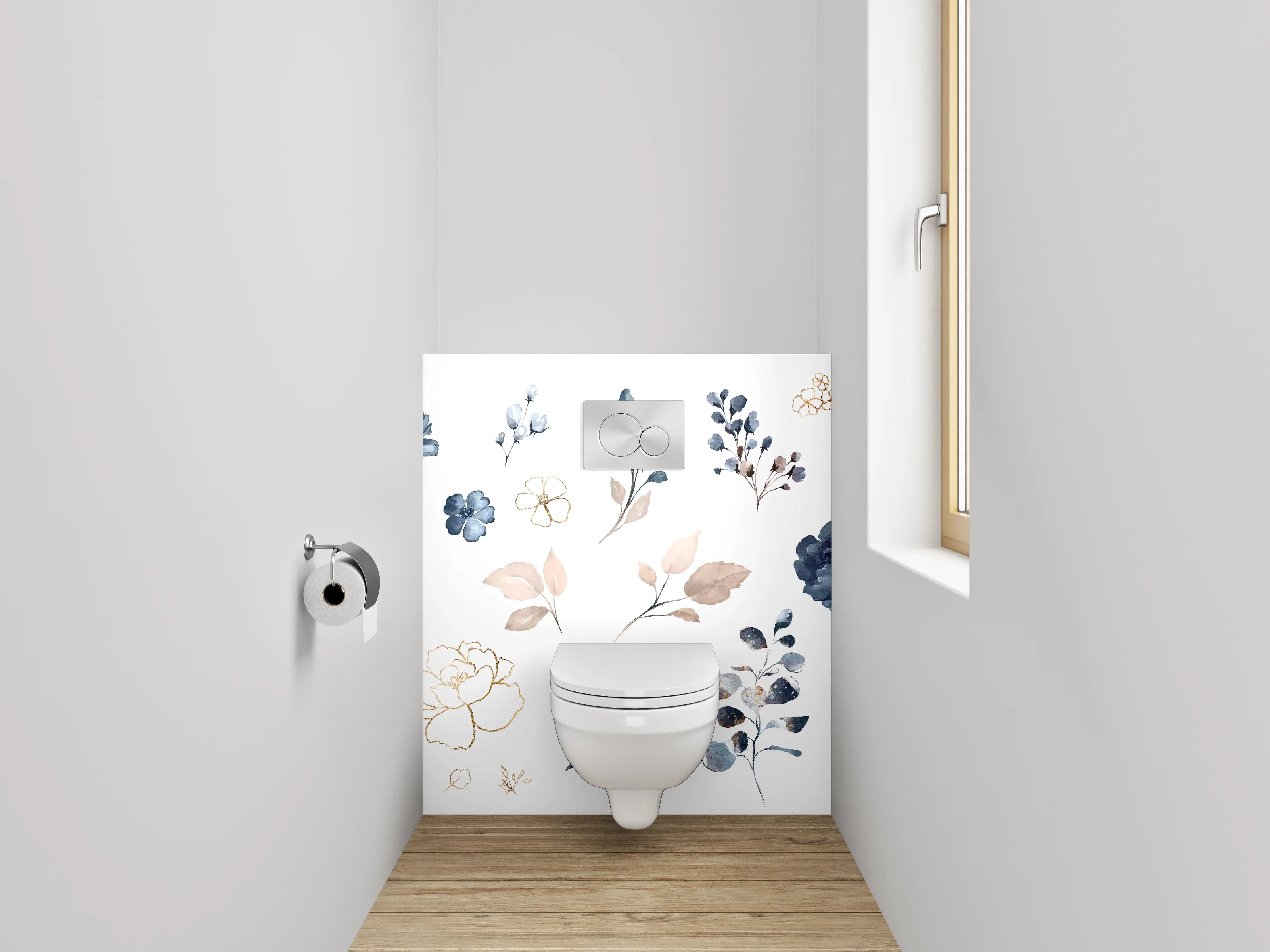 WC-Rückwand - Elegantes Aquarell-Blumenmuster Blau Beige