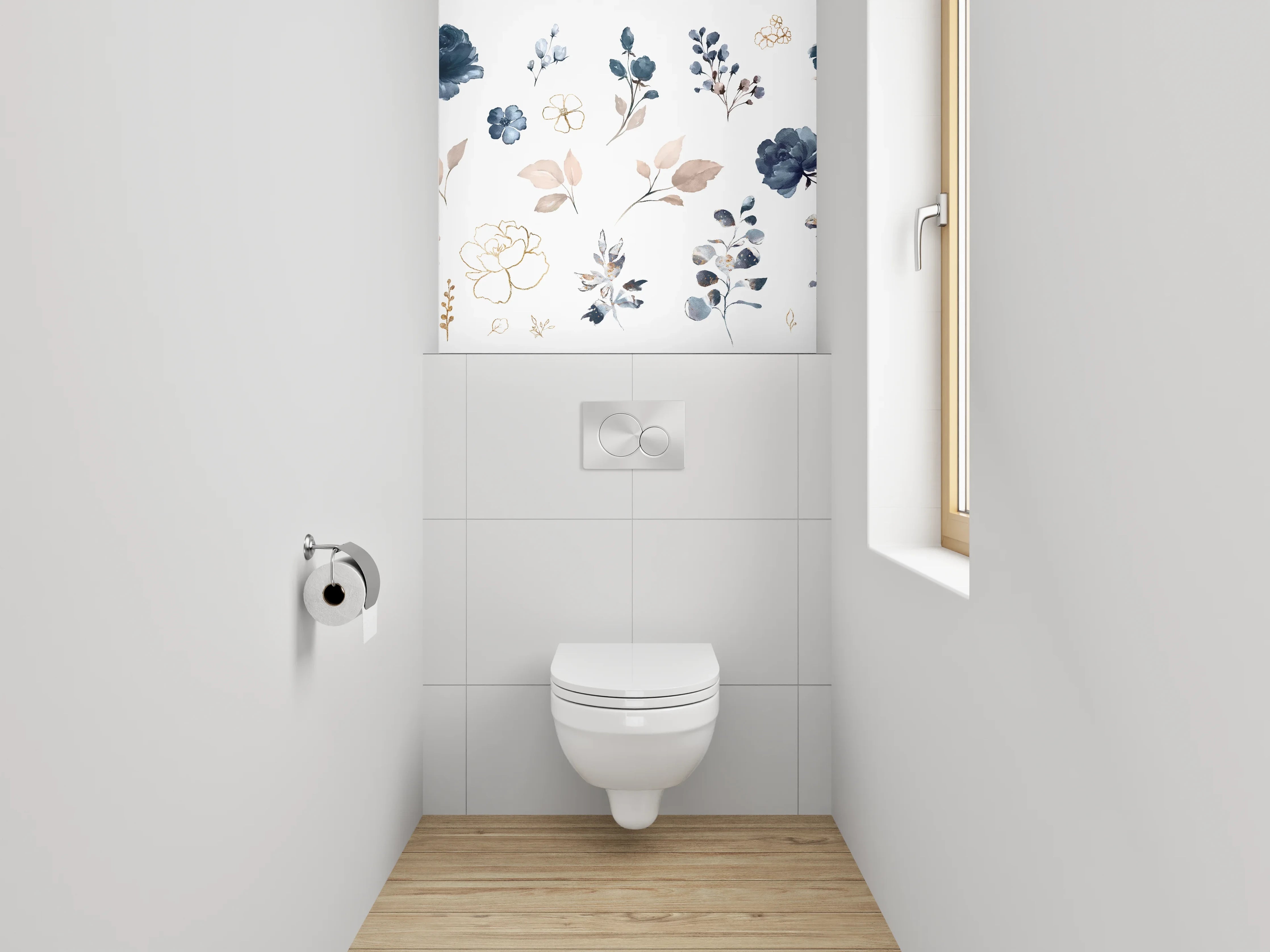 WC-Rückwand - Elegantes Aquarell-Blumenmuster Blau Beige