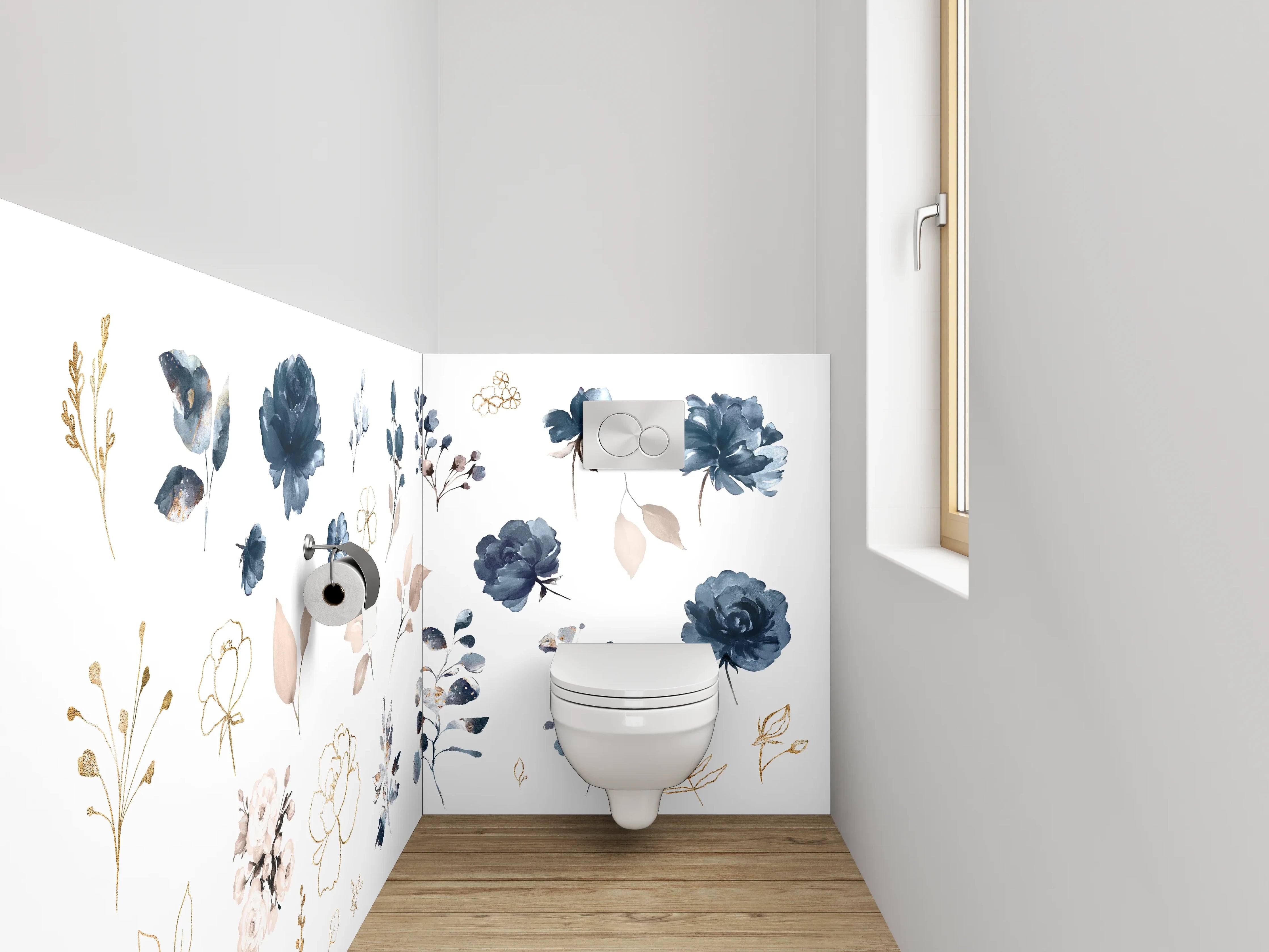 WC-Rückwand - Elegantes Aquarell-Blumenmuster Blau Beige