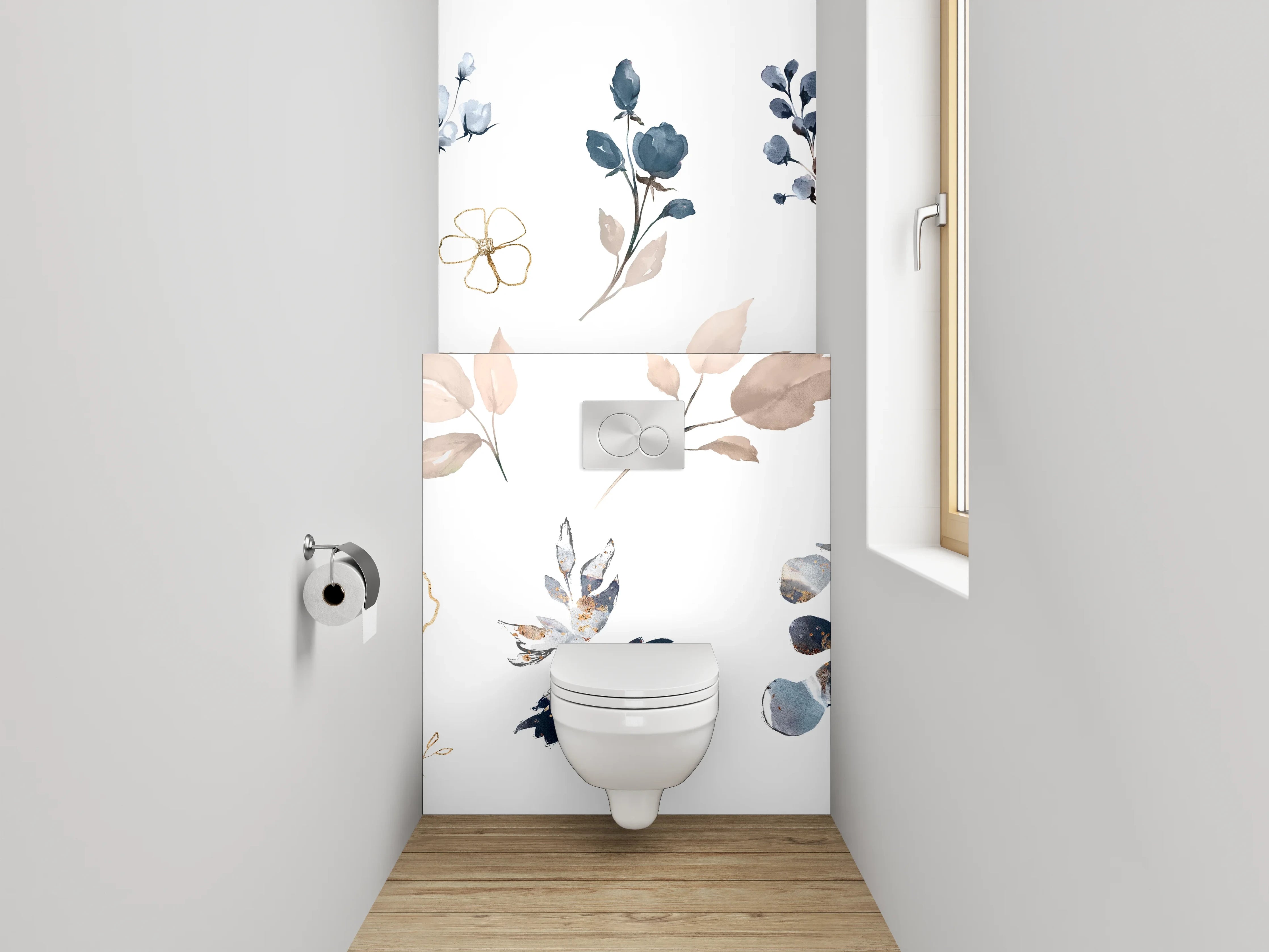 WC-Rückwand - Elegantes Aquarell-Blumenmuster Blau Beige