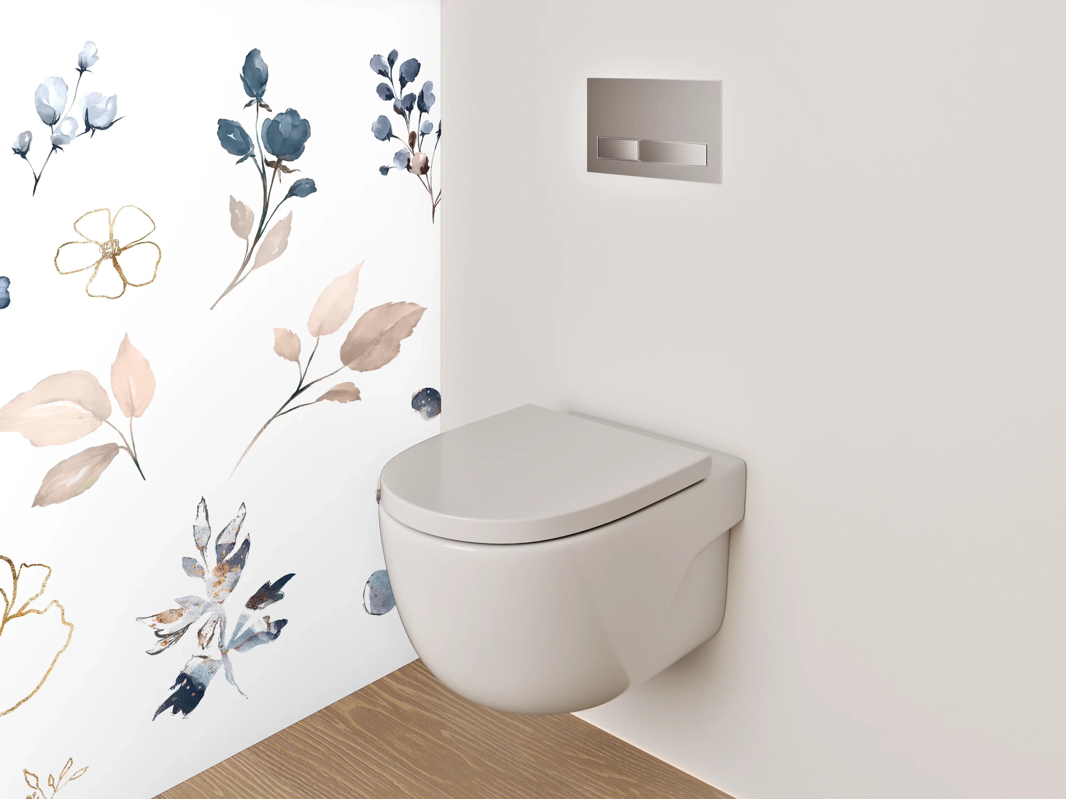 WC-Rückwand - Elegantes Aquarell-Blumenmuster Blau Beige