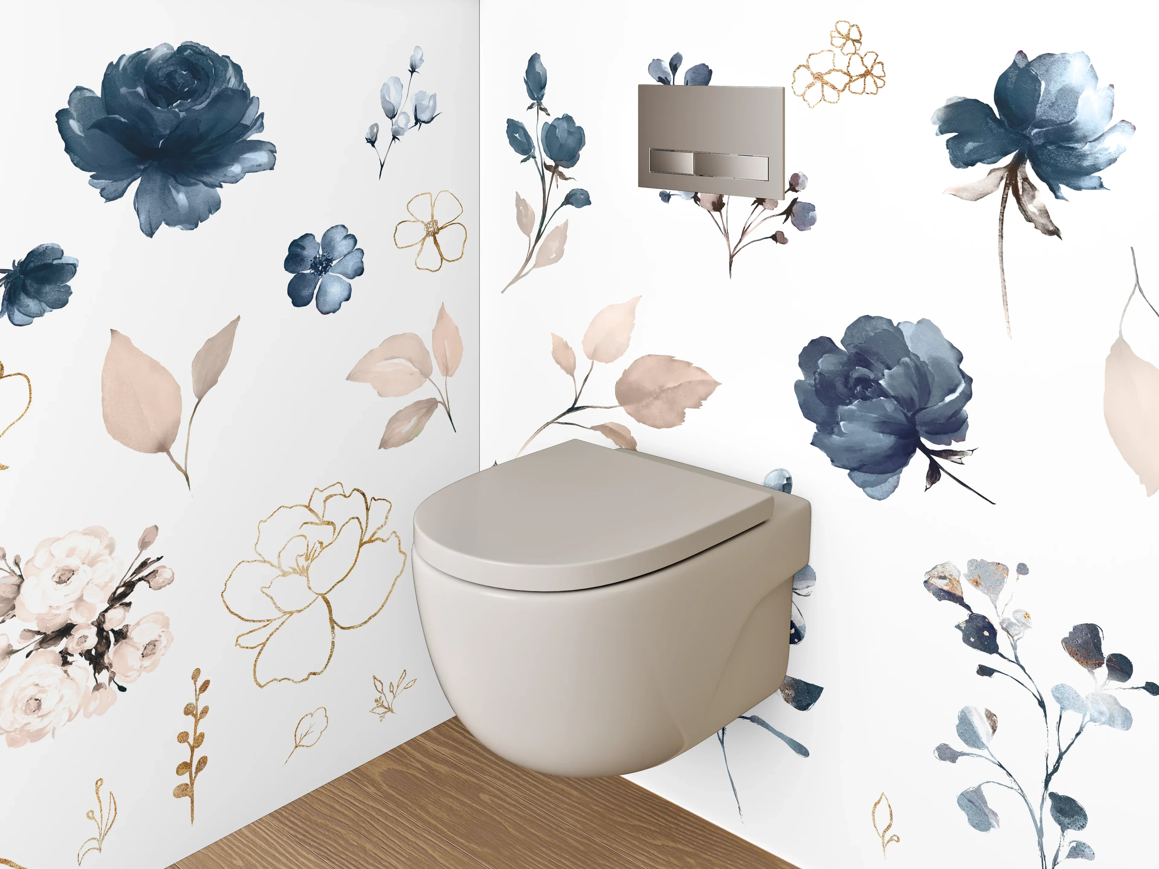 WC-Rückwand - Elegantes Aquarell-Blumenmuster Blau Beige
