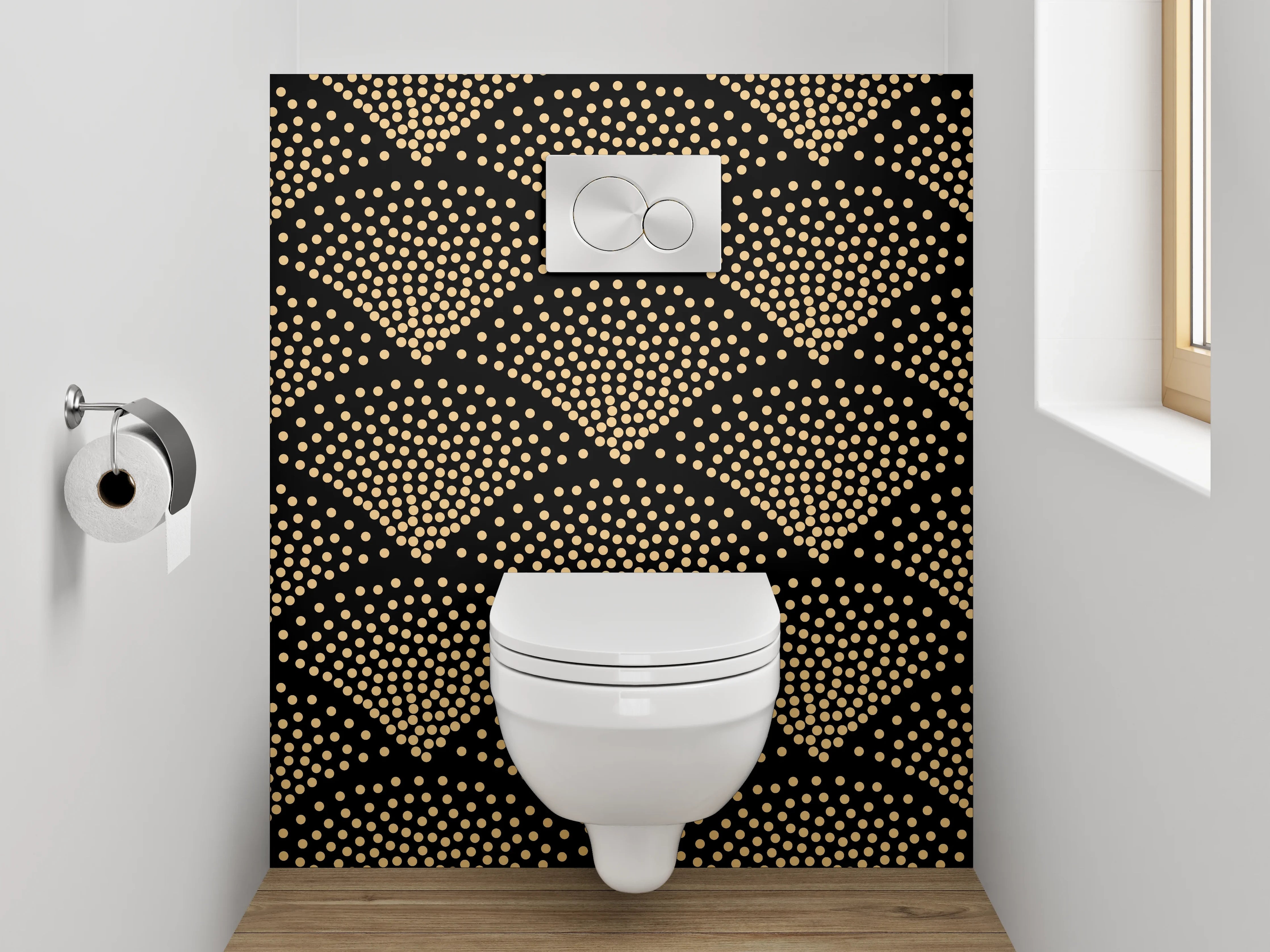 WC-Rückwand - Elegantes Art-Déco Fischschuppen-Muster Gold Schwarz