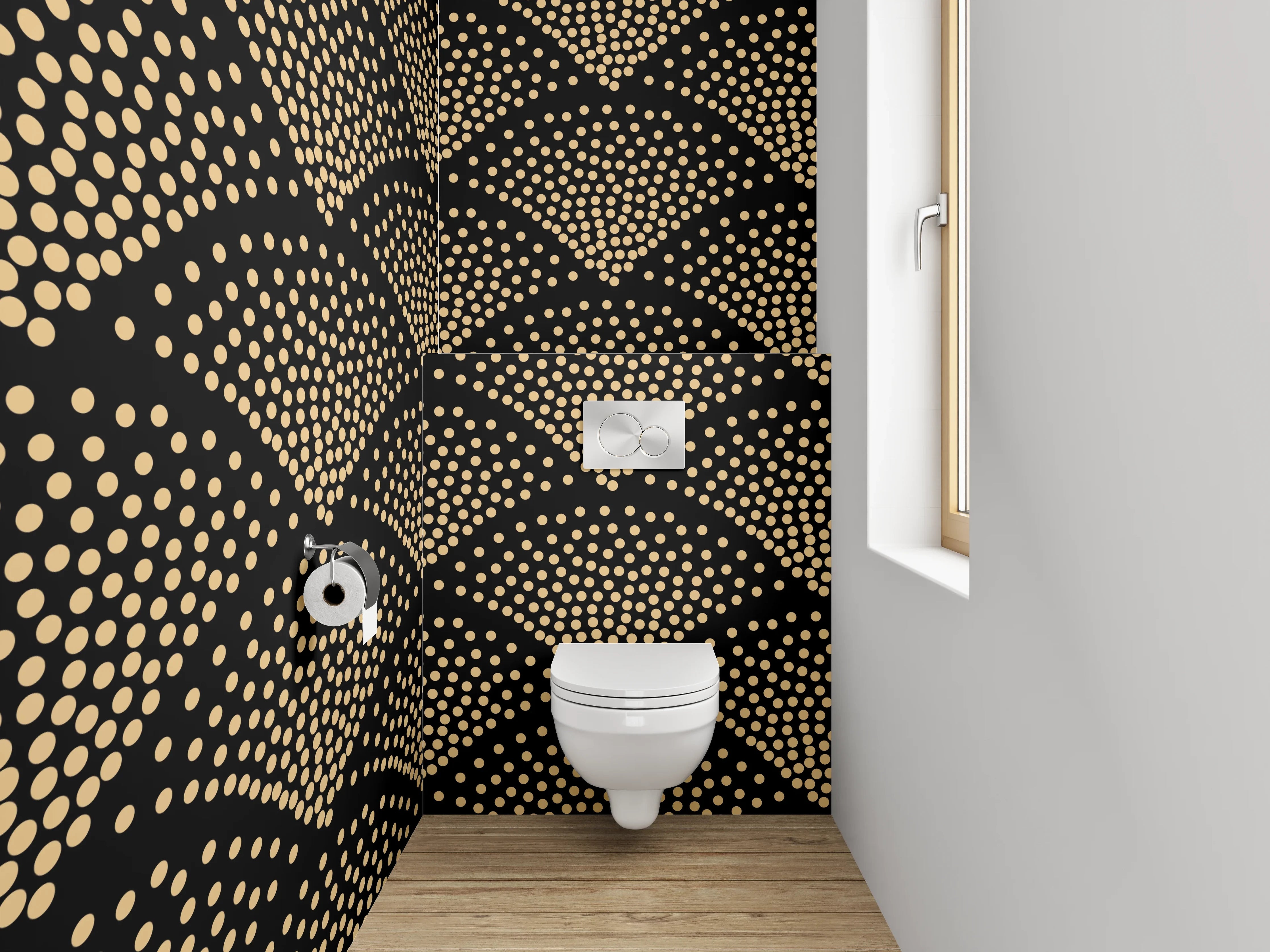 WC-Rückwand - Elegantes Art-Déco Fischschuppen-Muster Gold Schwarz