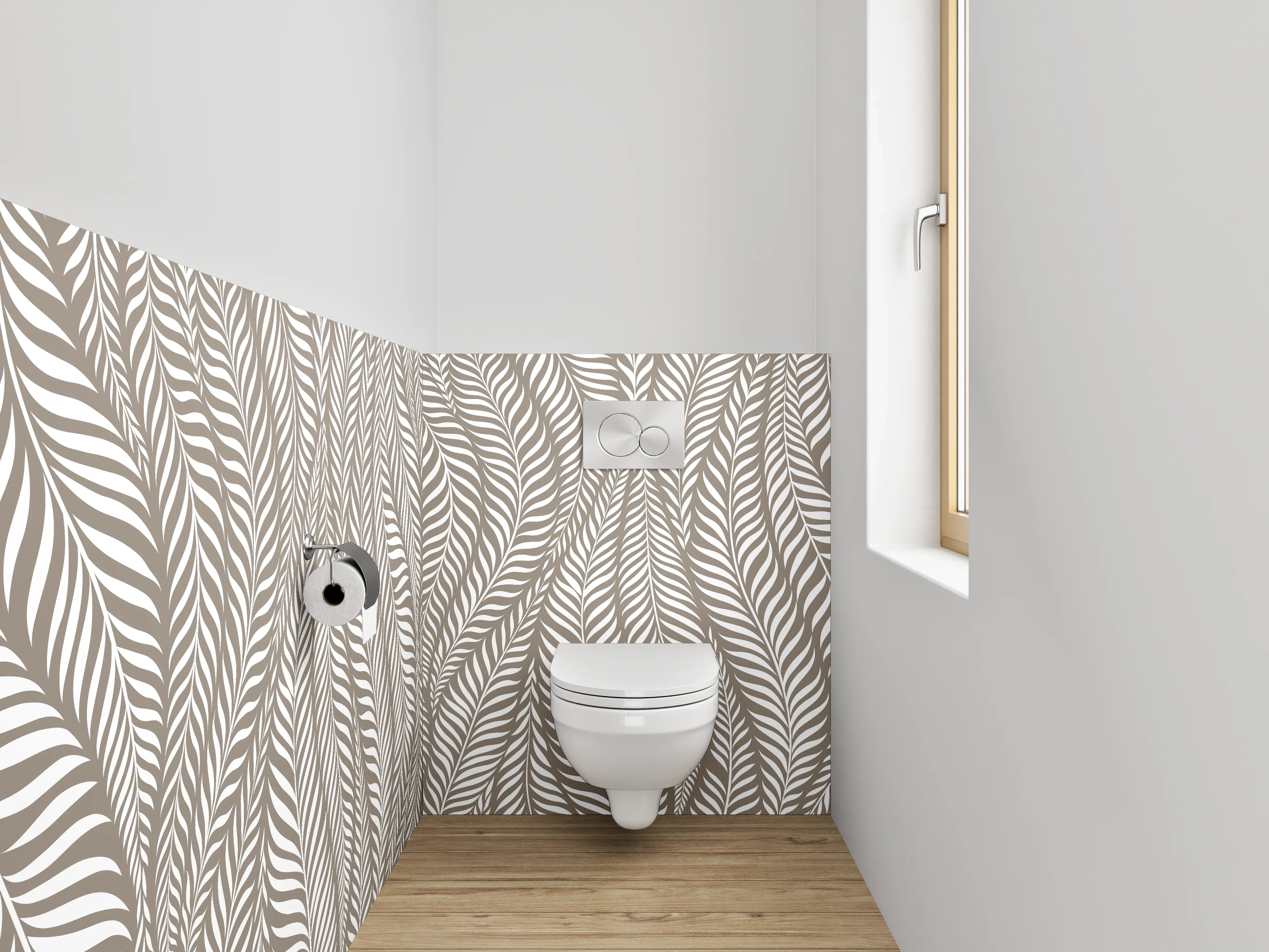 WC-Rückwand - Elegantes Blätter-Muster in Beige-Weiß