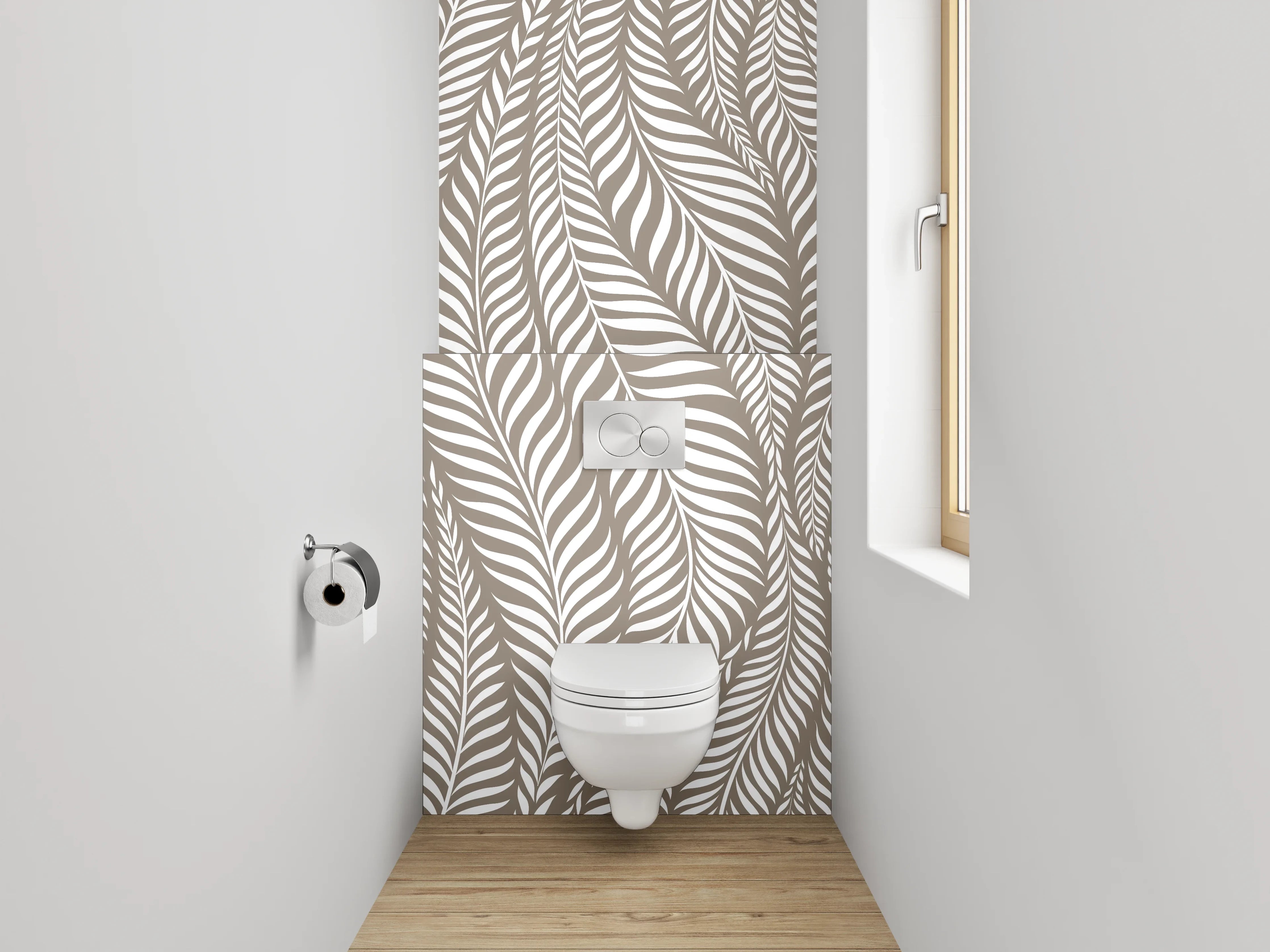 WC-Rückwand - Elegantes Blätter-Muster in Beige-Weiß