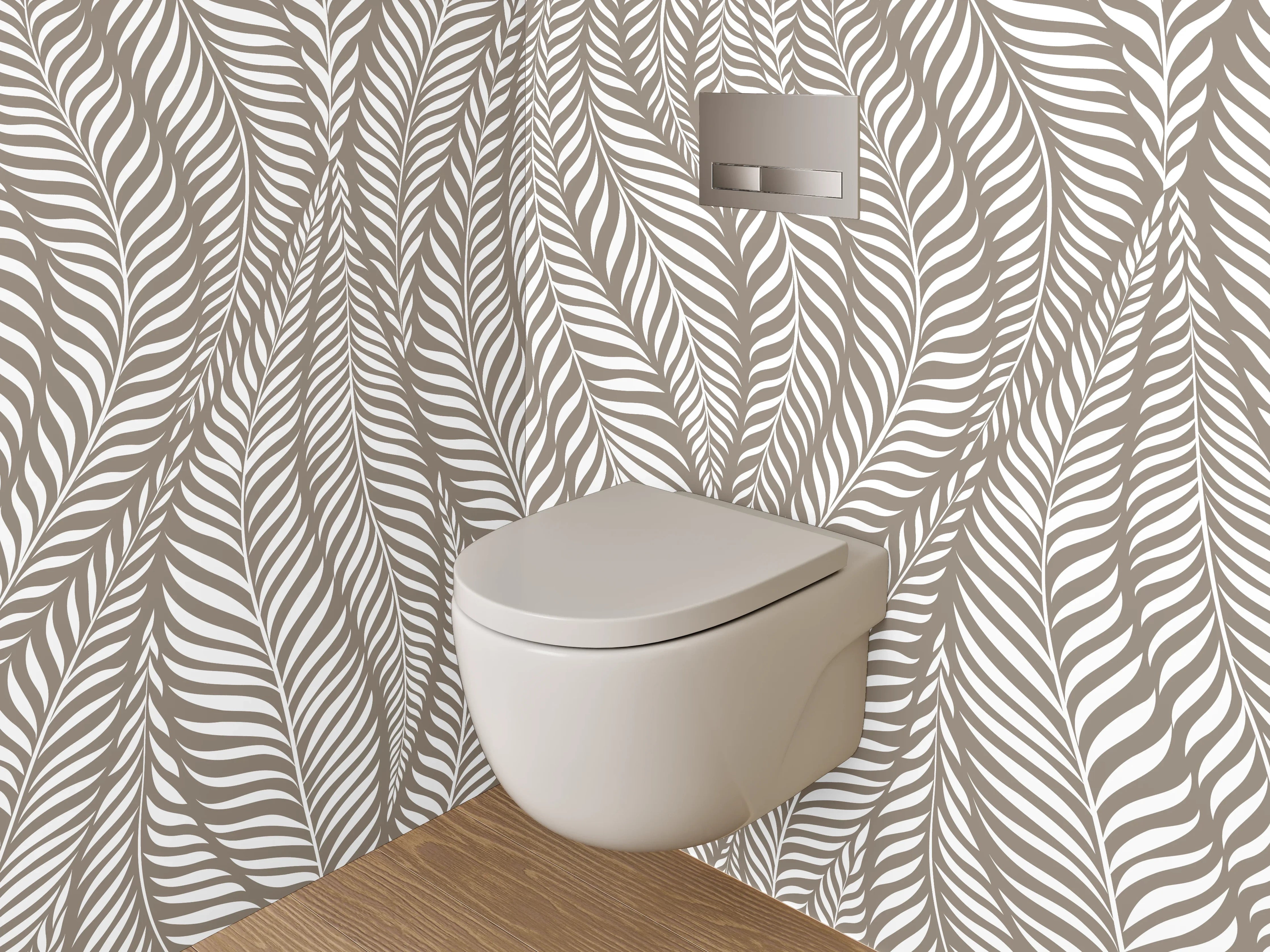 WC-Rückwand - Elegantes Blätter-Muster in Beige-Weiß