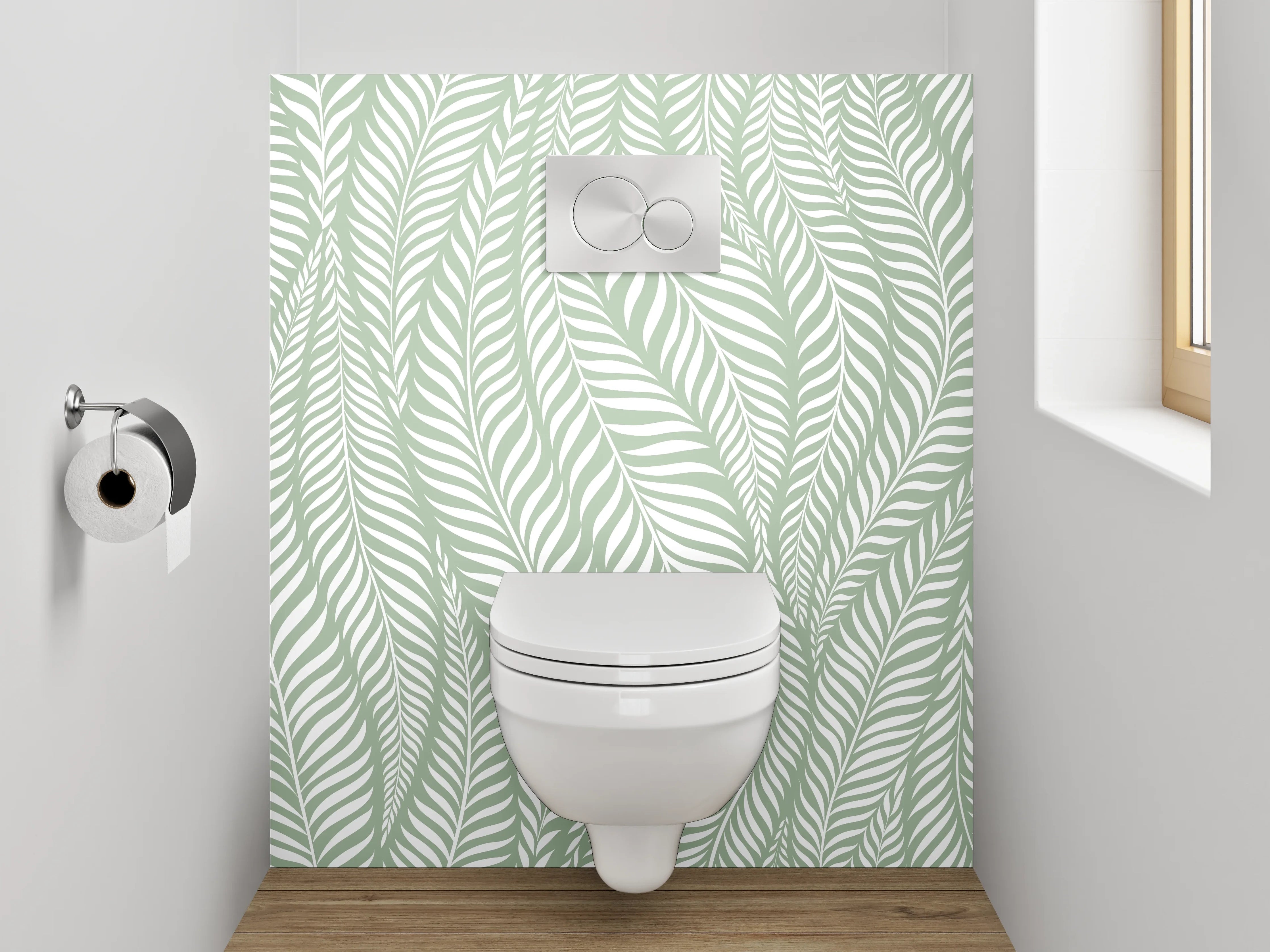 WC-Rückwand - Elegantes Blätter-Muster in Grün-Weiß