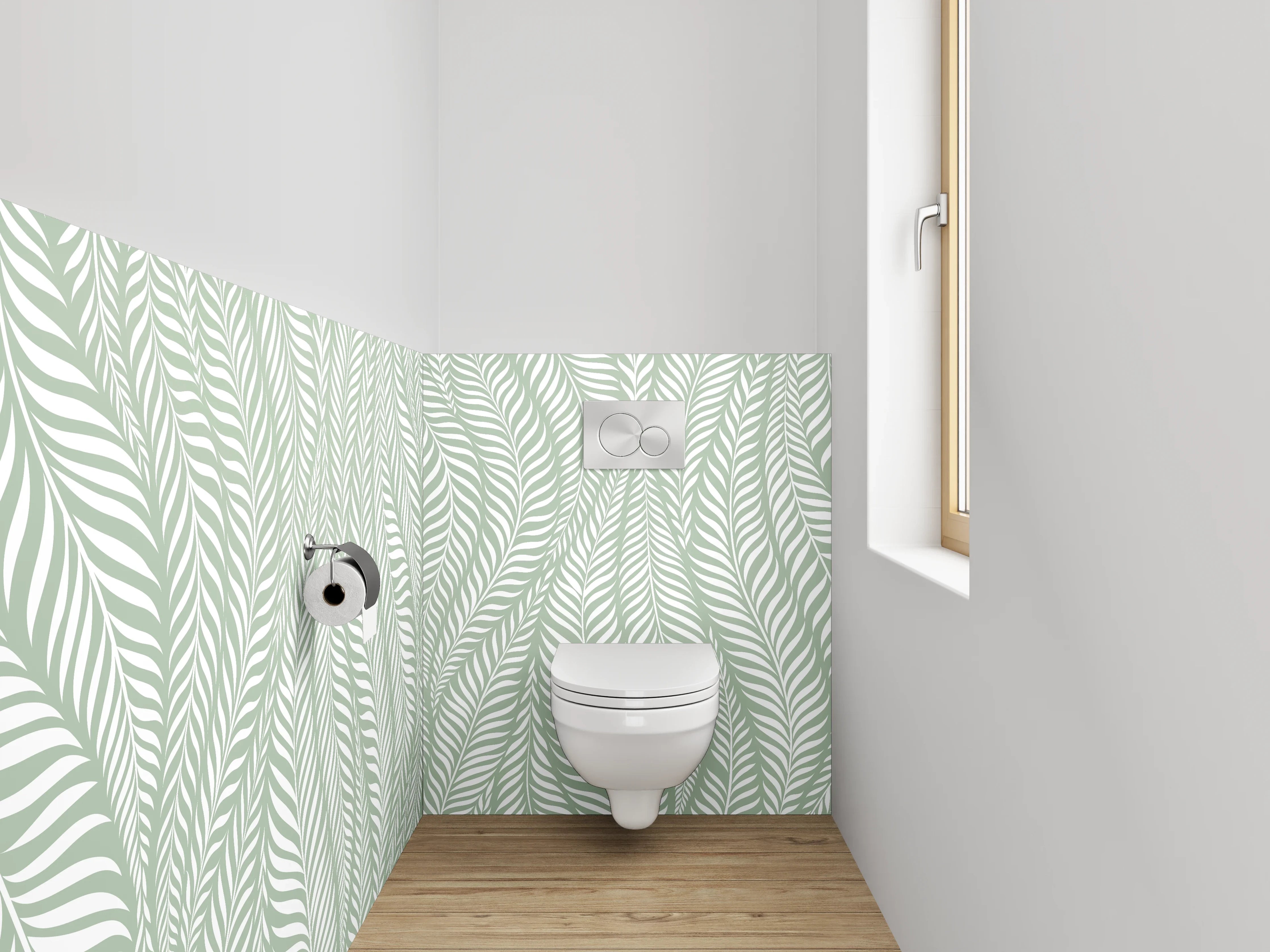 WC-Rückwand - Elegantes Blätter-Muster in Grün-Weiß