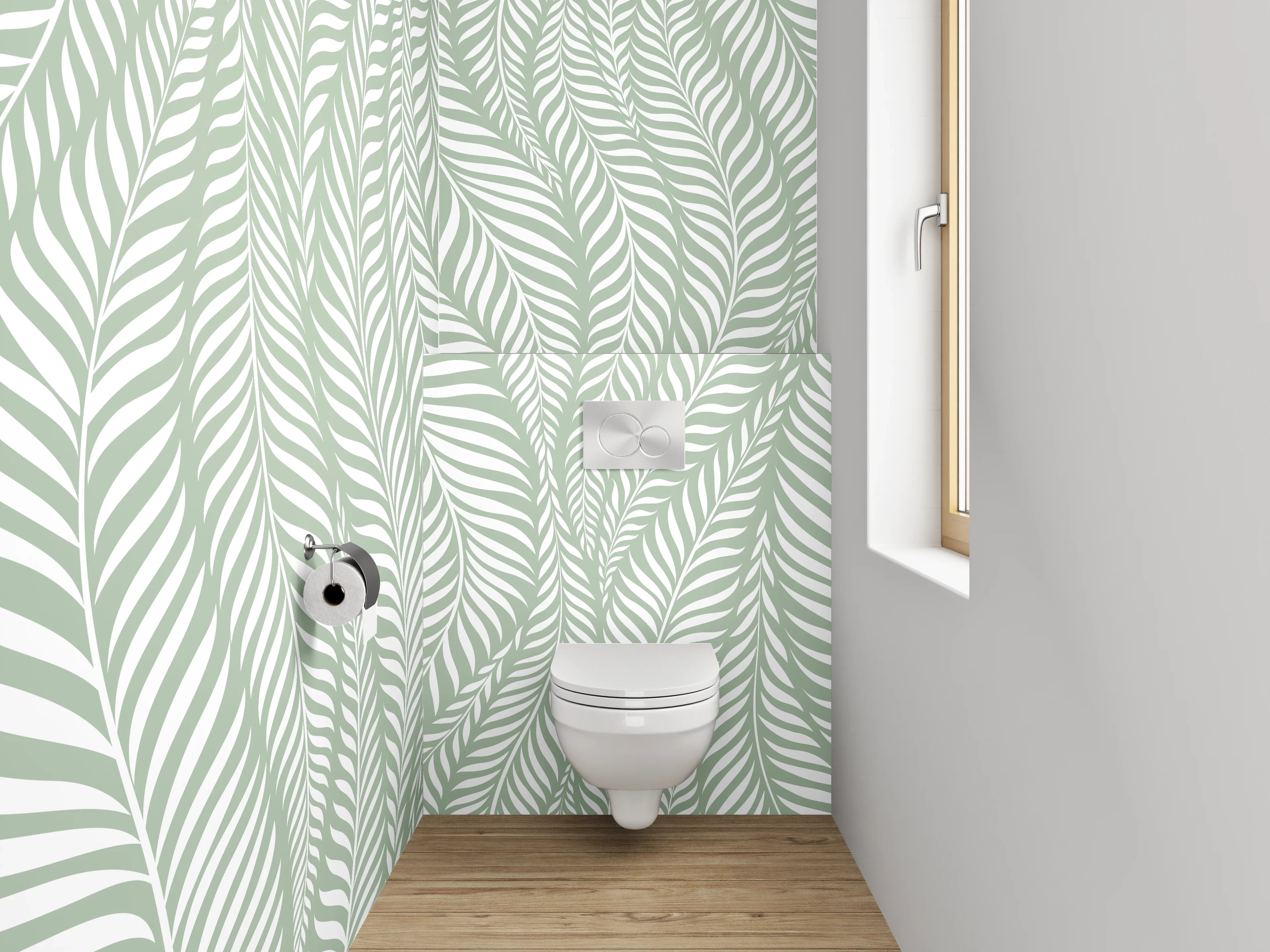 WC-Rückwand - Elegantes Blätter-Muster in Grün-Weiß