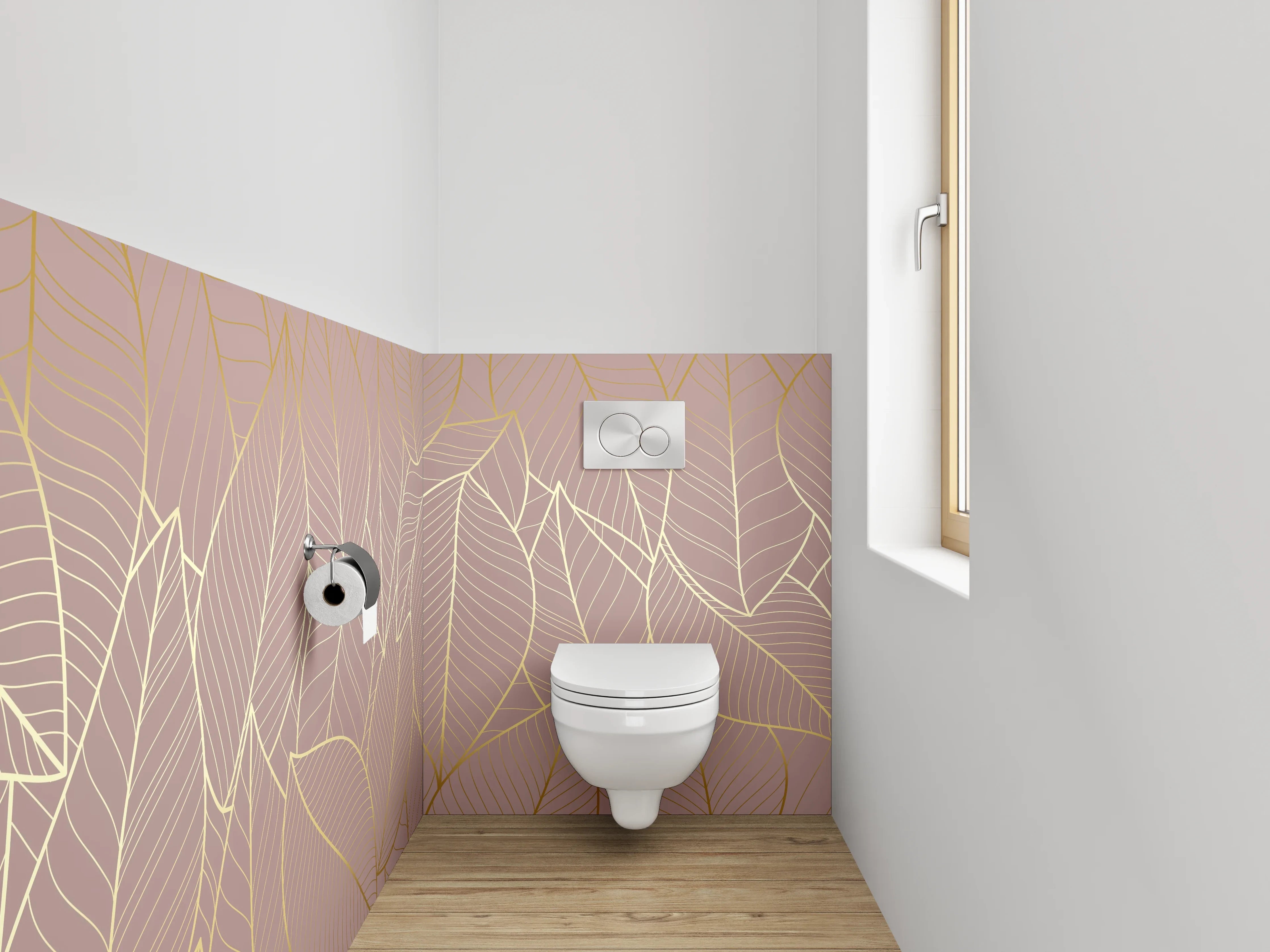 WC-Rückwand - Elegantes Blatt-Design Gold auf Nude