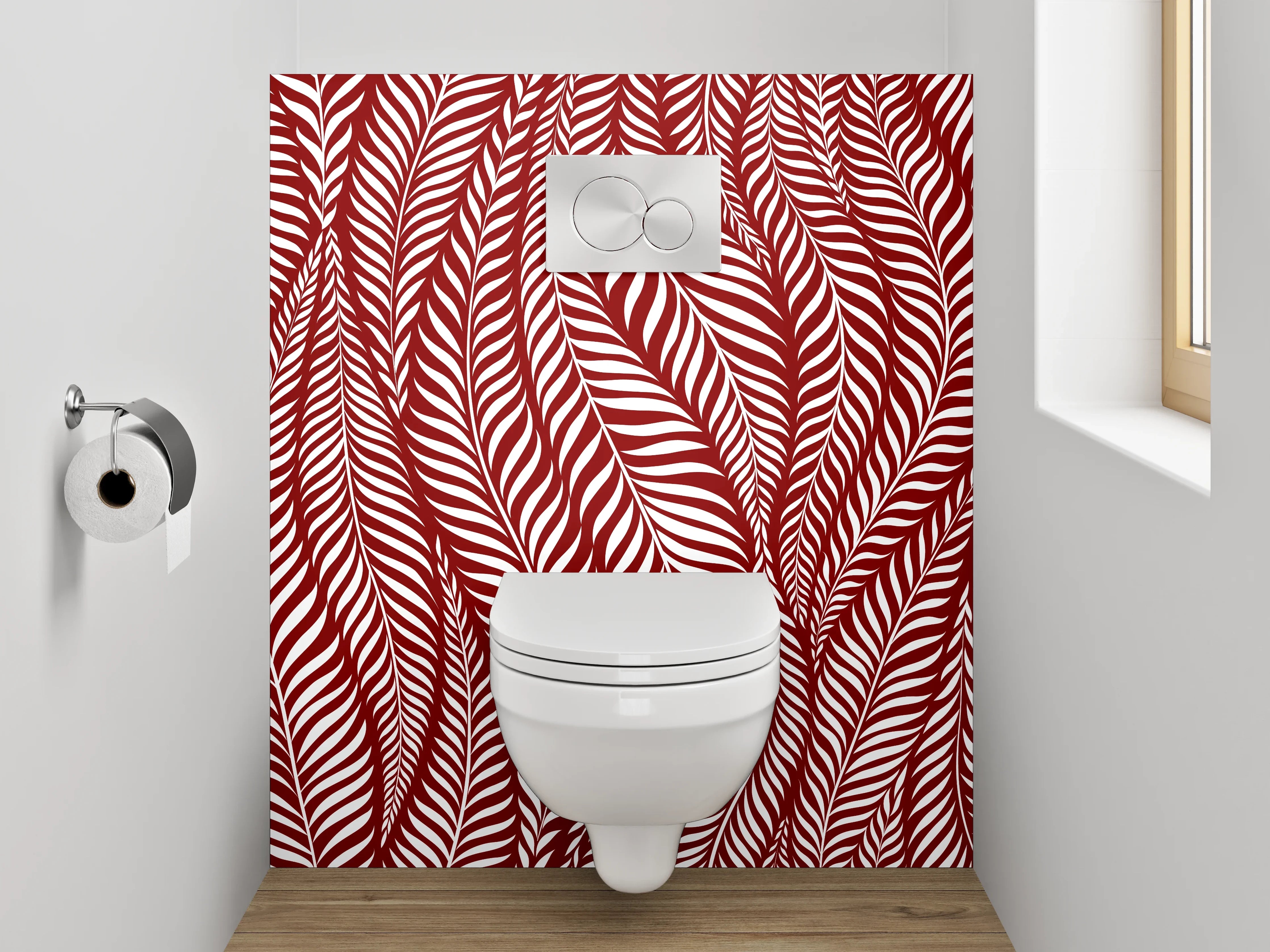 WC-Rückwand - Elegantes Blattmuster Rot Weiß