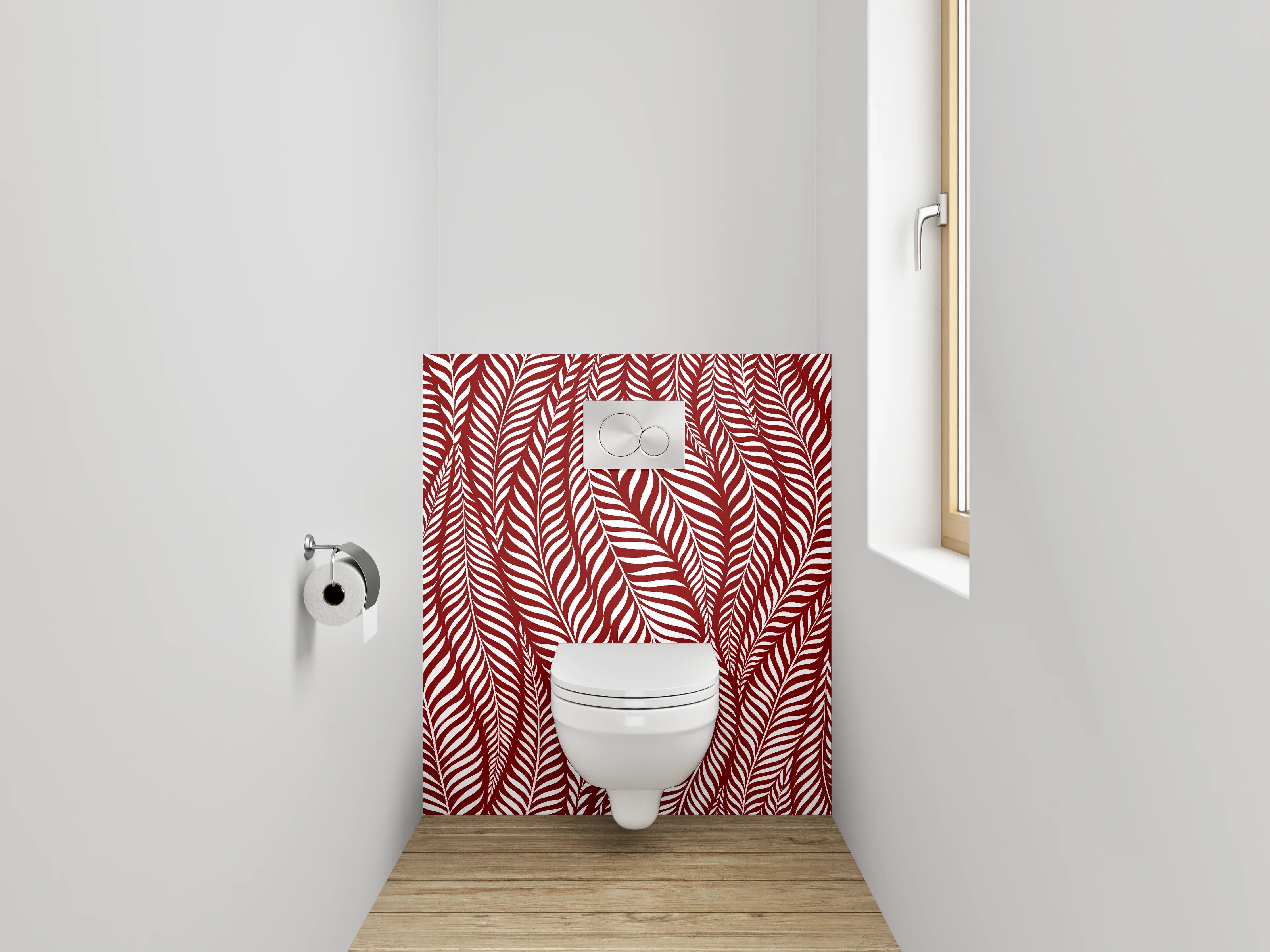 WC-Rückwand - Elegantes Blattmuster Rot Weiß