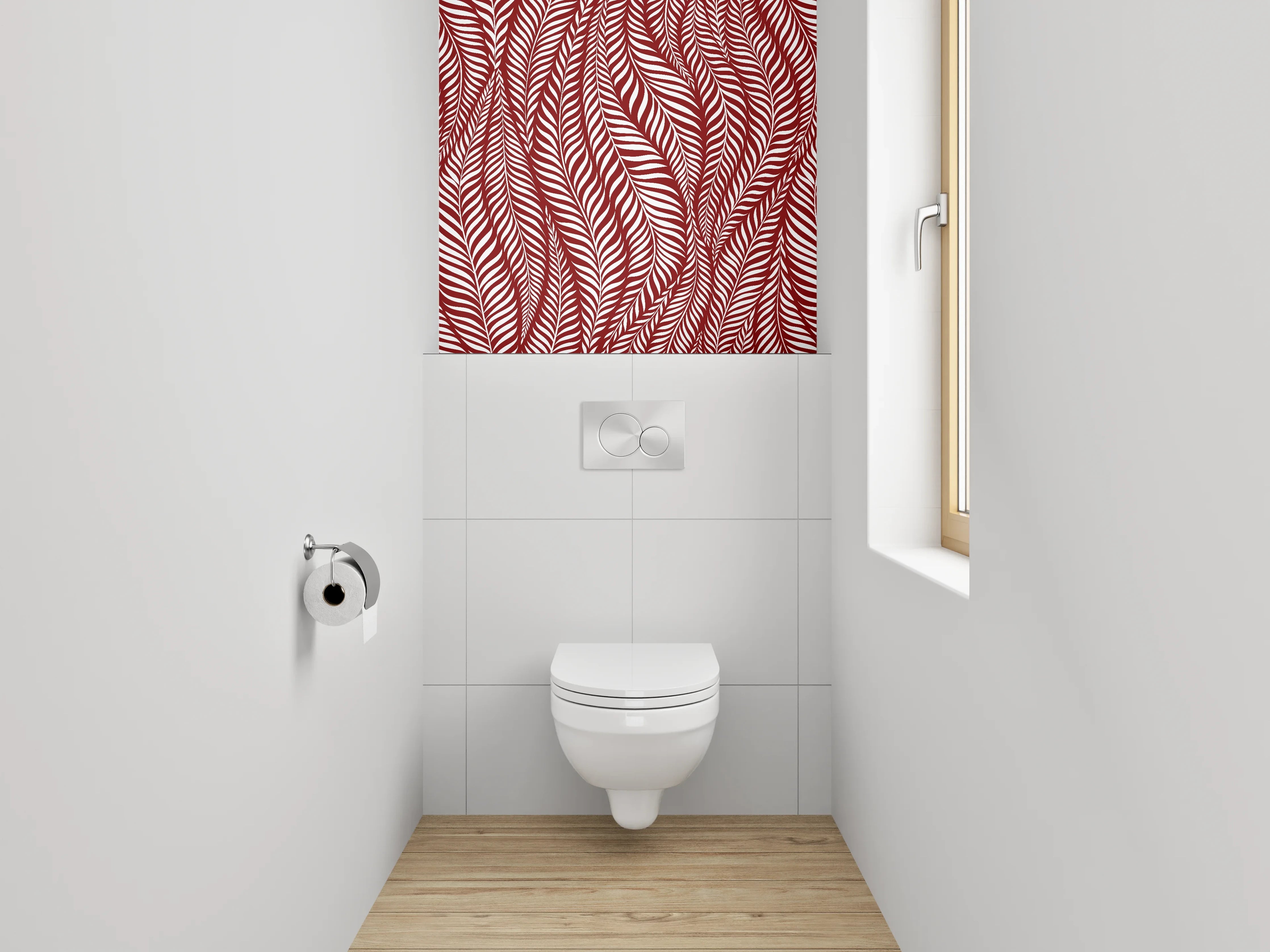 WC-Rückwand - Elegantes Blattmuster Rot Weiß
