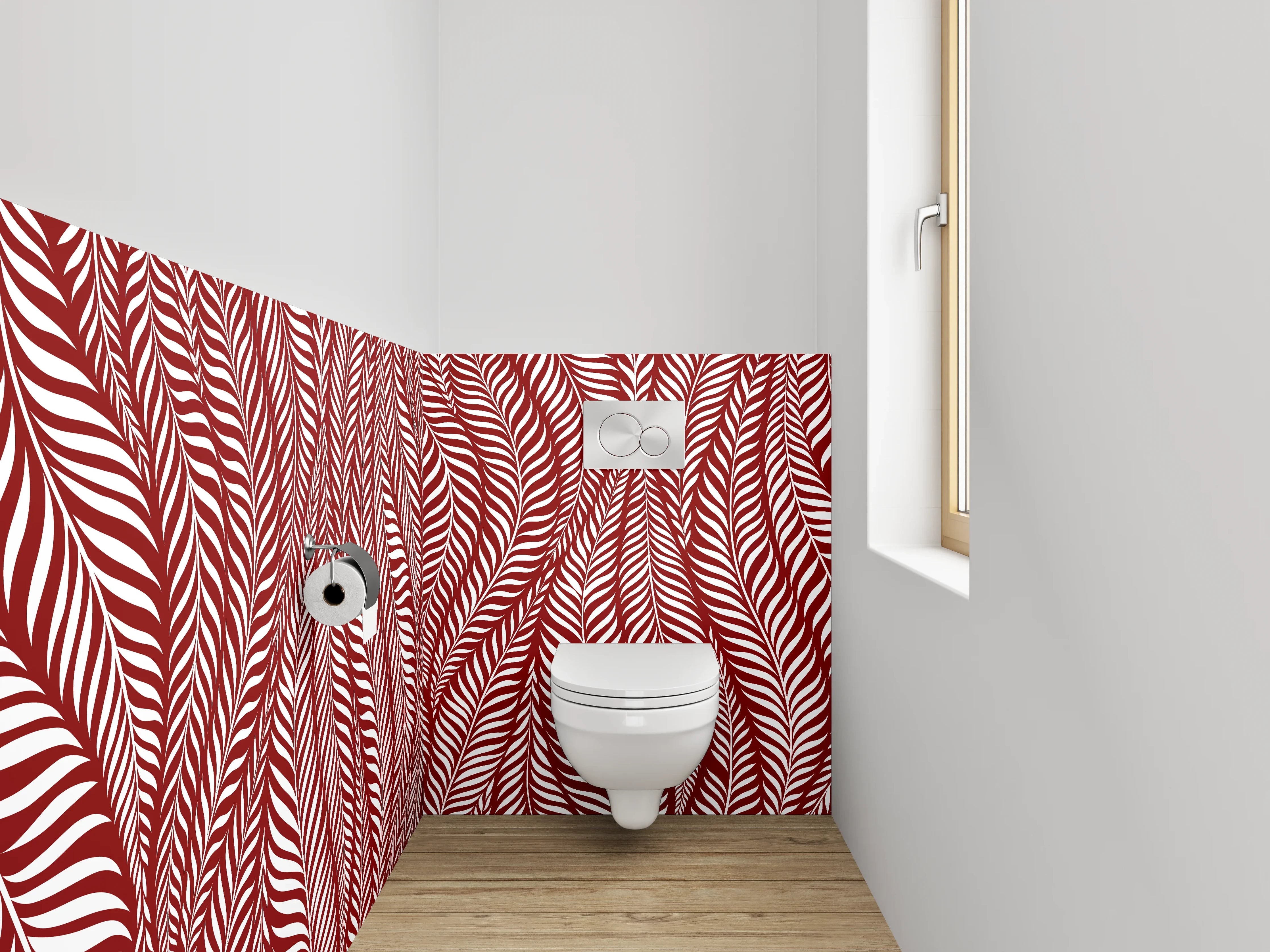 WC-Rückwand - Elegantes Blattmuster Rot Weiß