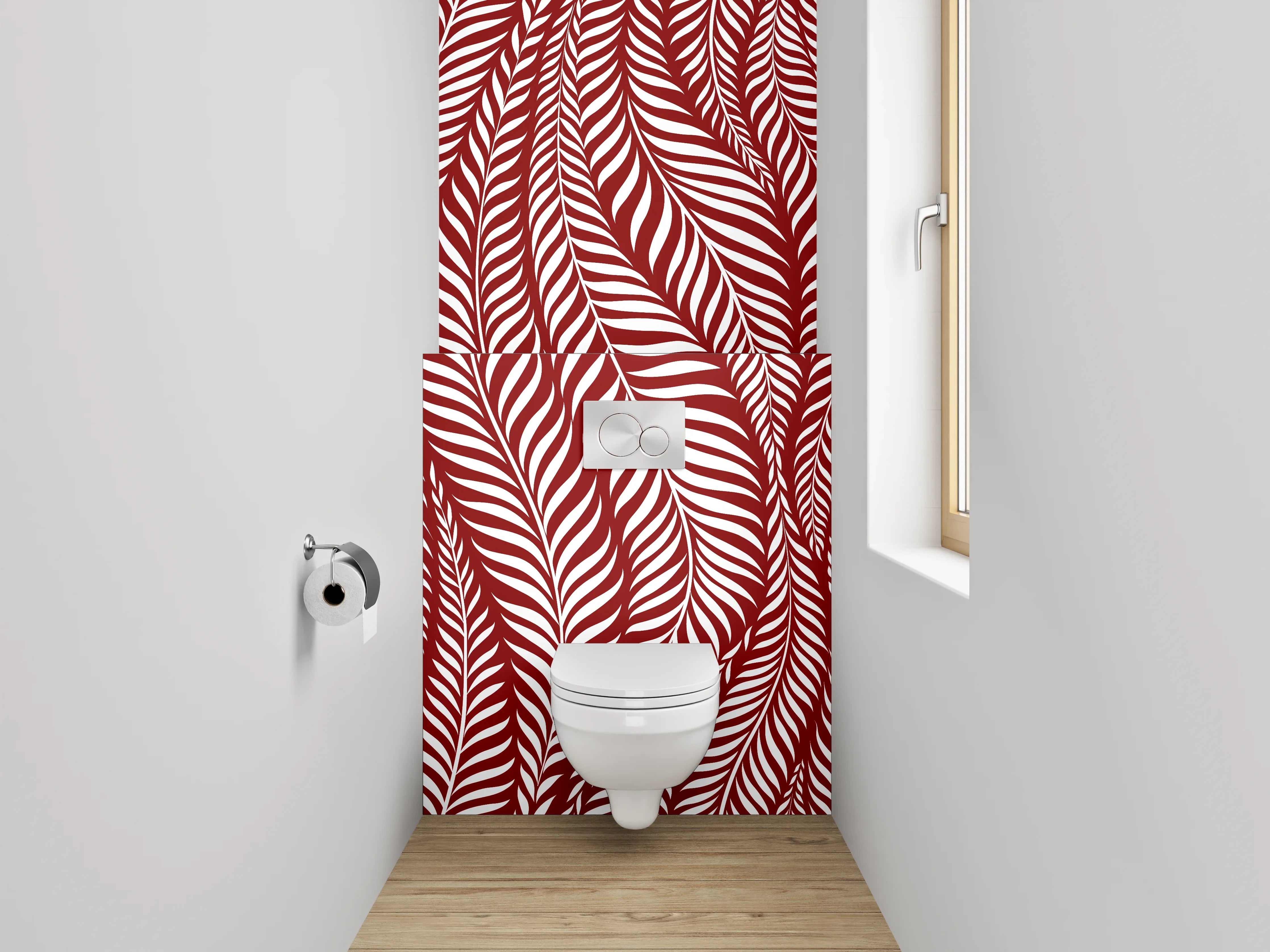 WC-Rückwand - Elegantes Blattmuster Rot Weiß