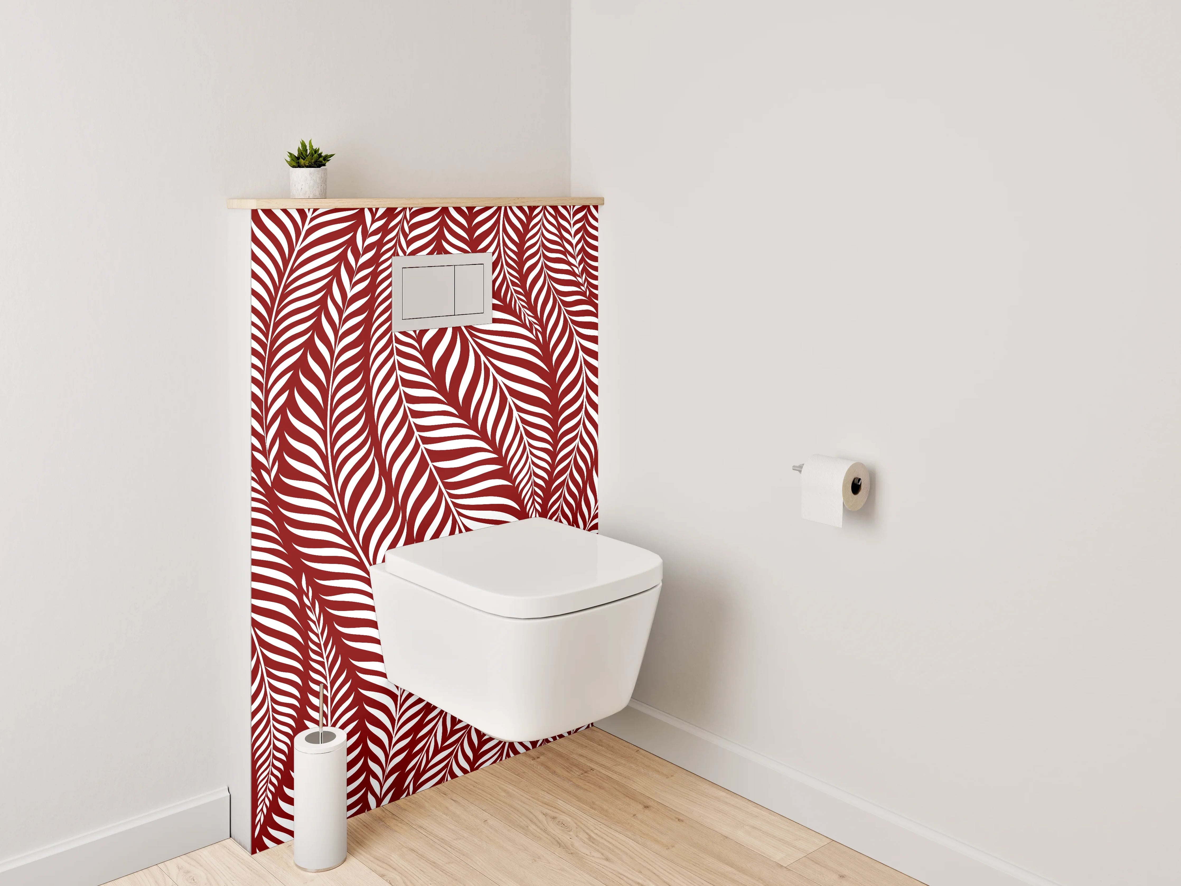 WC-Rückwand - Elegantes Blattmuster Rot Weiß