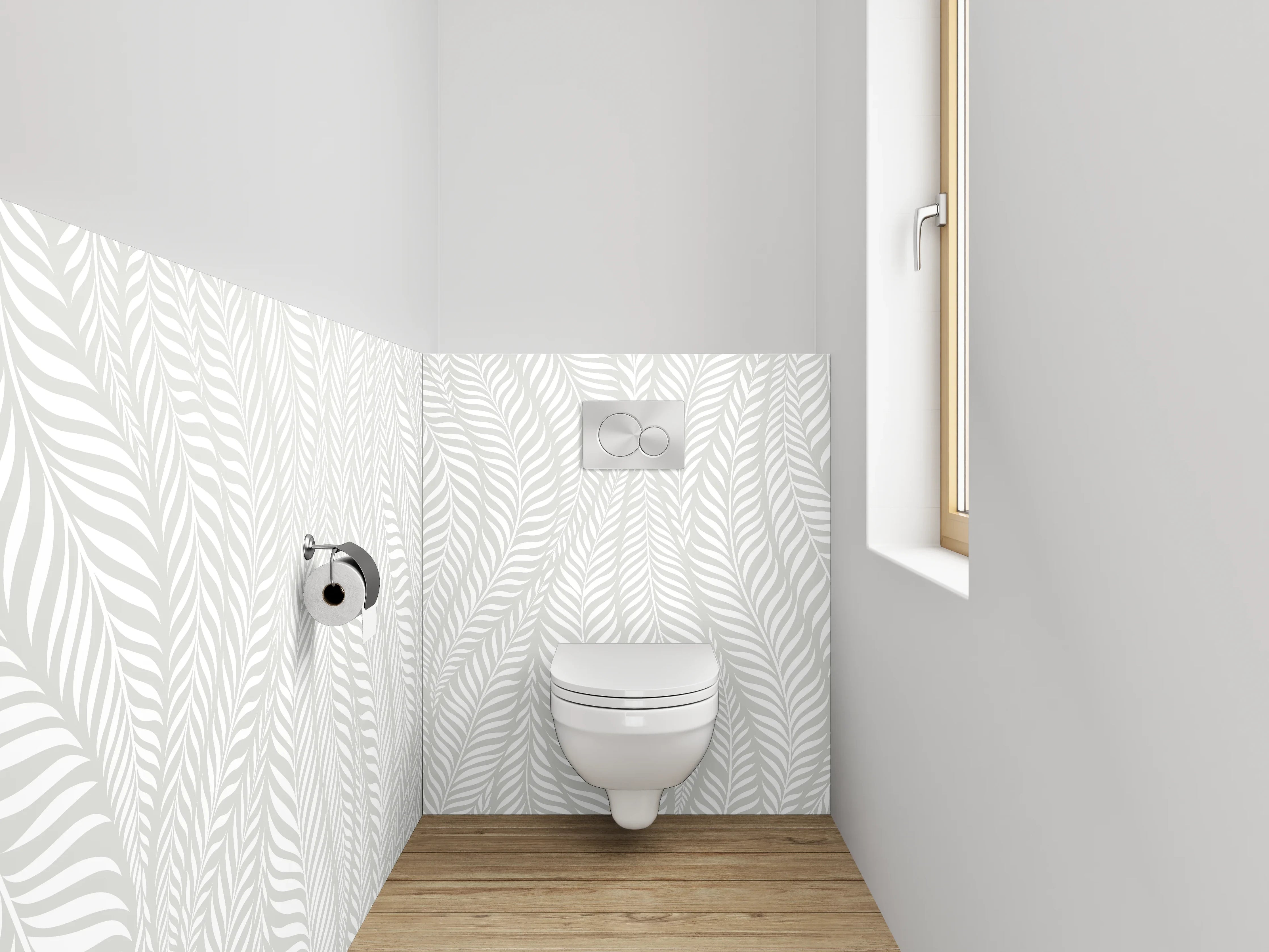 WC-Rückwand - Elegantes Blattmuster in Weiß und Grau