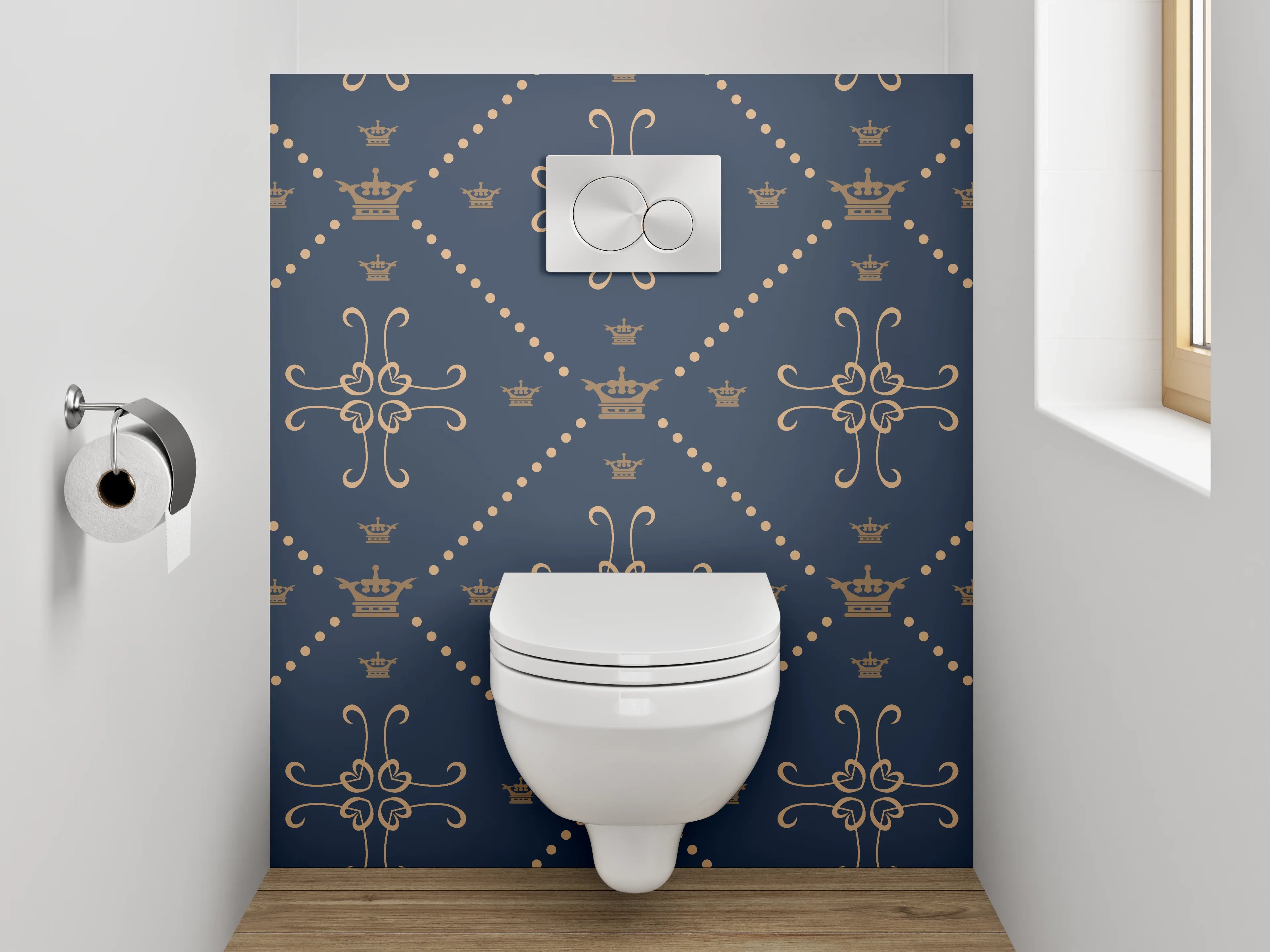 WC-Rückwand - Elegantes Blütenmuster auf Dunkelblau