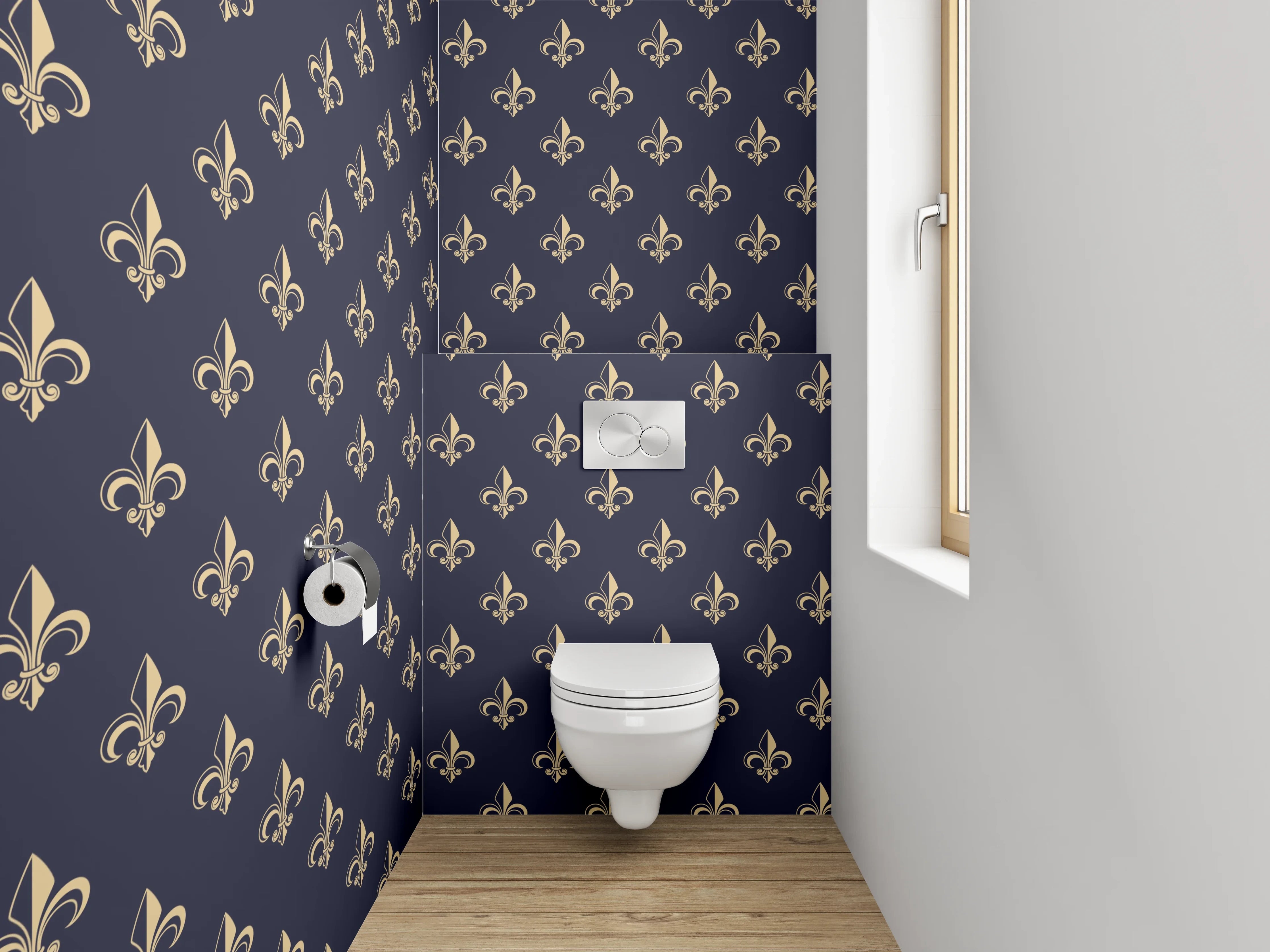 WC-Rückwand - Elegantes Fleur-de-Lis Muster Blau Gold