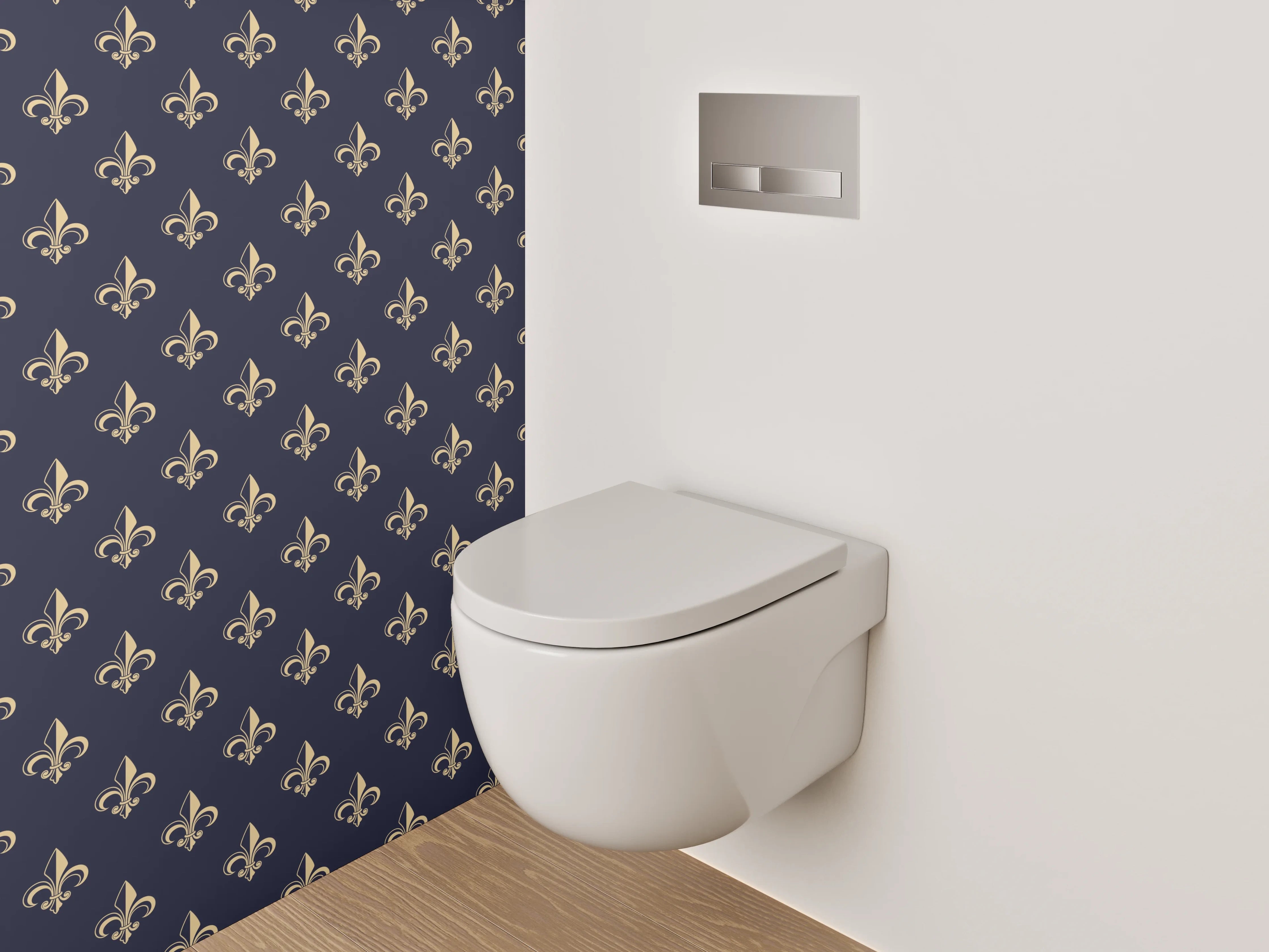 WC-Rückwand - Elegantes Fleur-de-Lis Muster Blau Gold