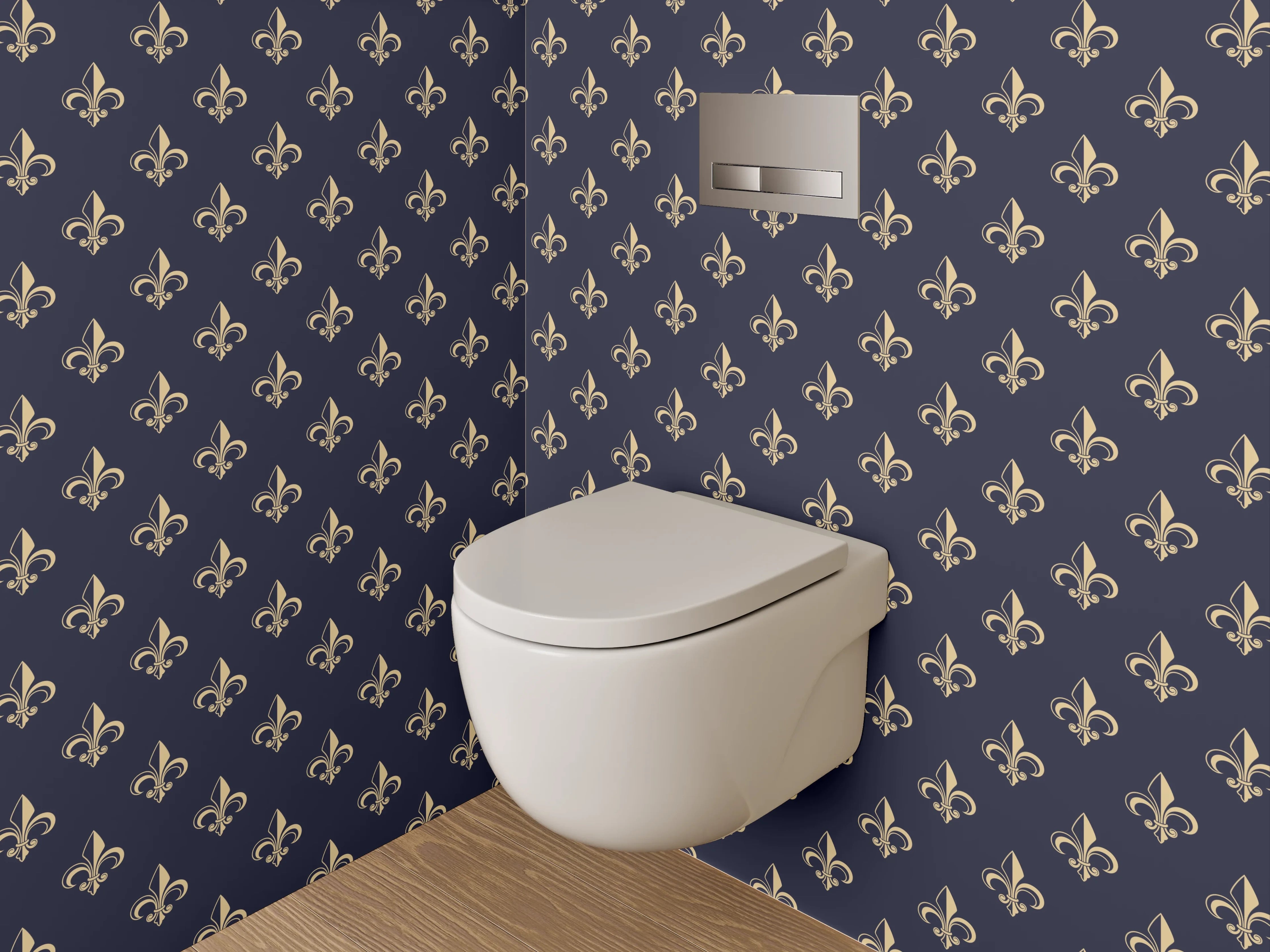 WC-Rückwand - Elegantes Fleur-de-Lis Muster Blau Gold