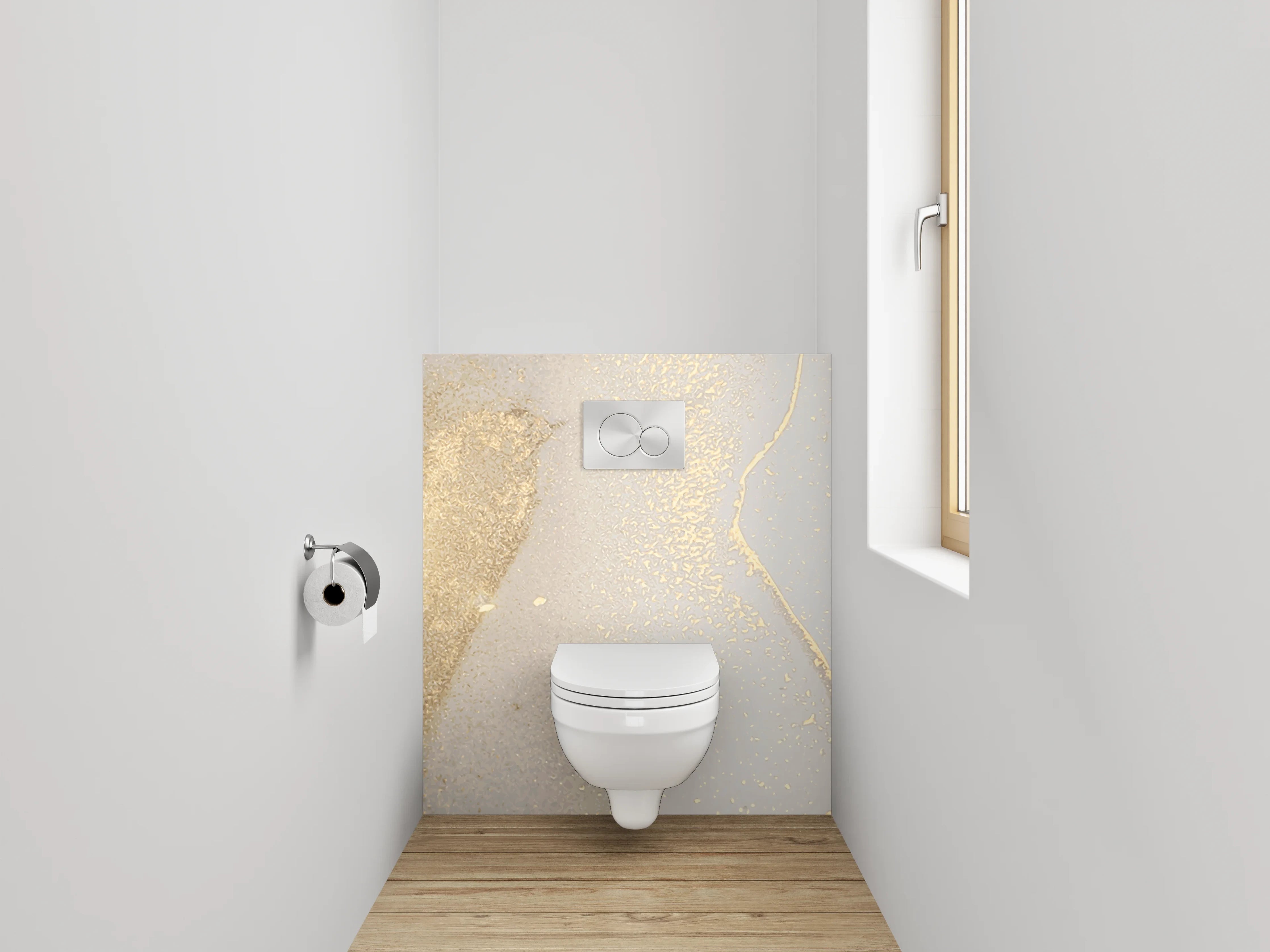 WC-Rückwand - Elegantes Gold auf weißem Marmor