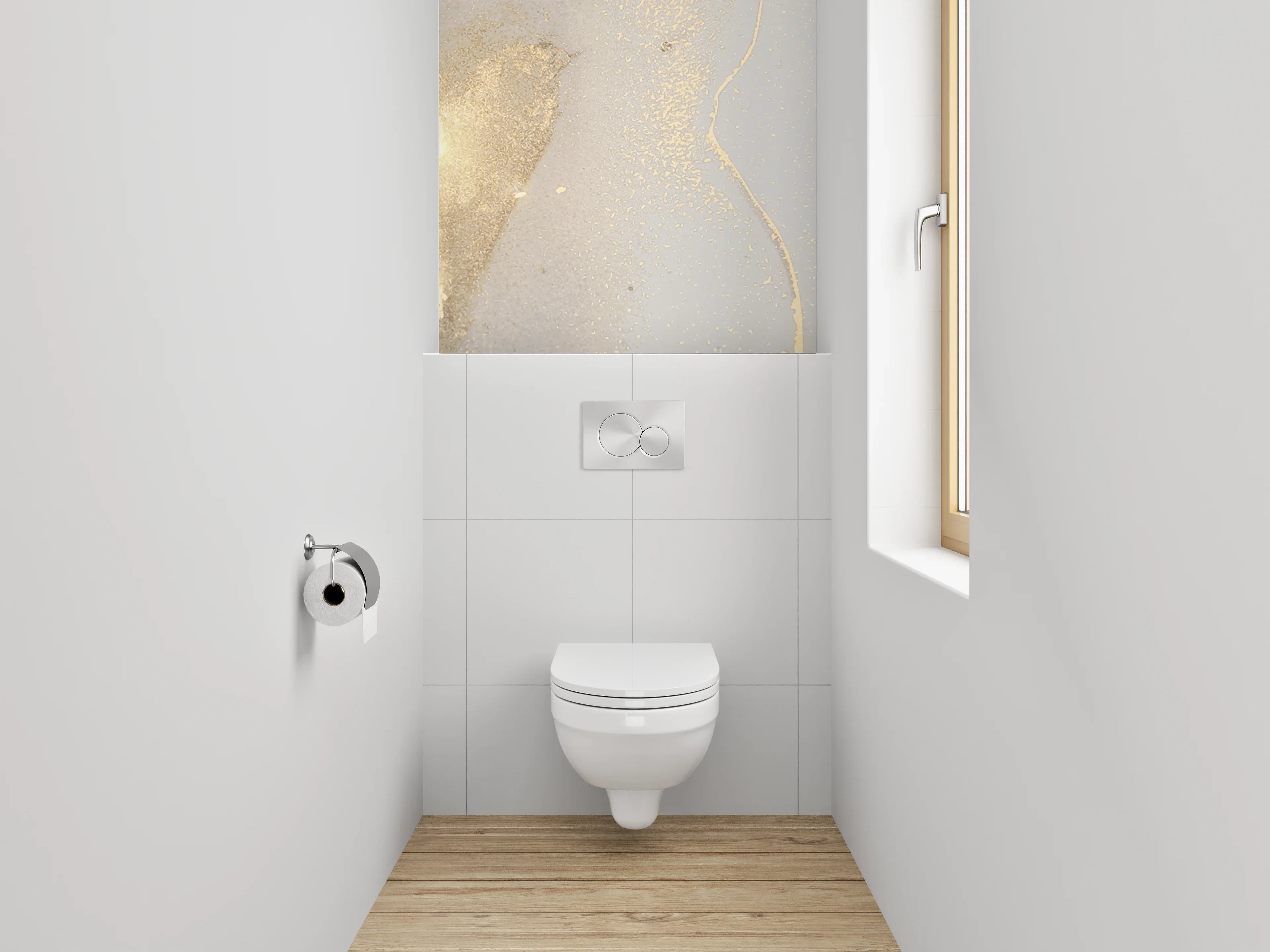 WC-Rückwand - Elegantes Gold auf weißem Marmor
