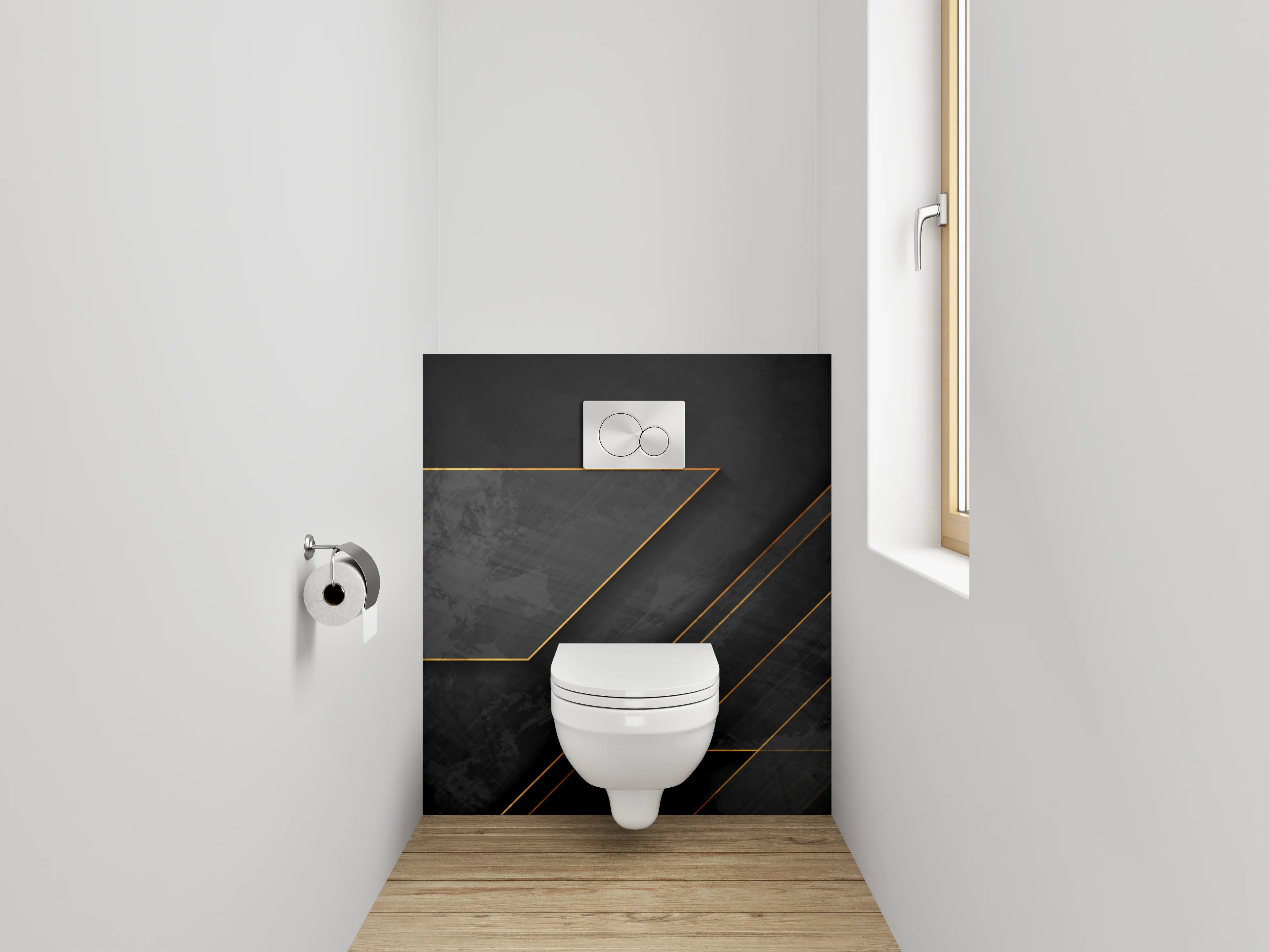 WC-Rückwand - Elegantes Schwarz-Gold Geometrie Design
