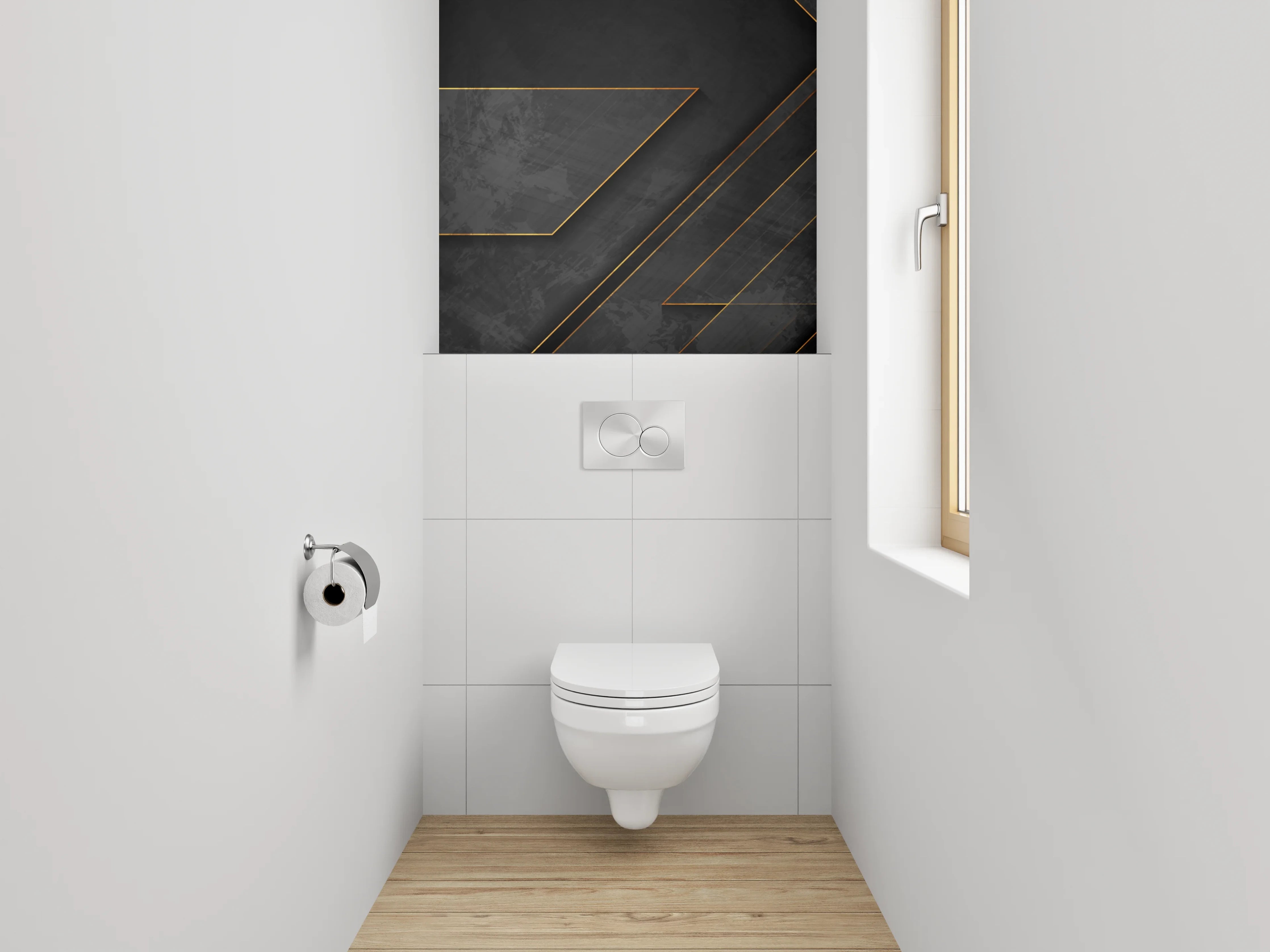 WC-Rückwand - Elegantes Schwarz-Gold Geometrie Design