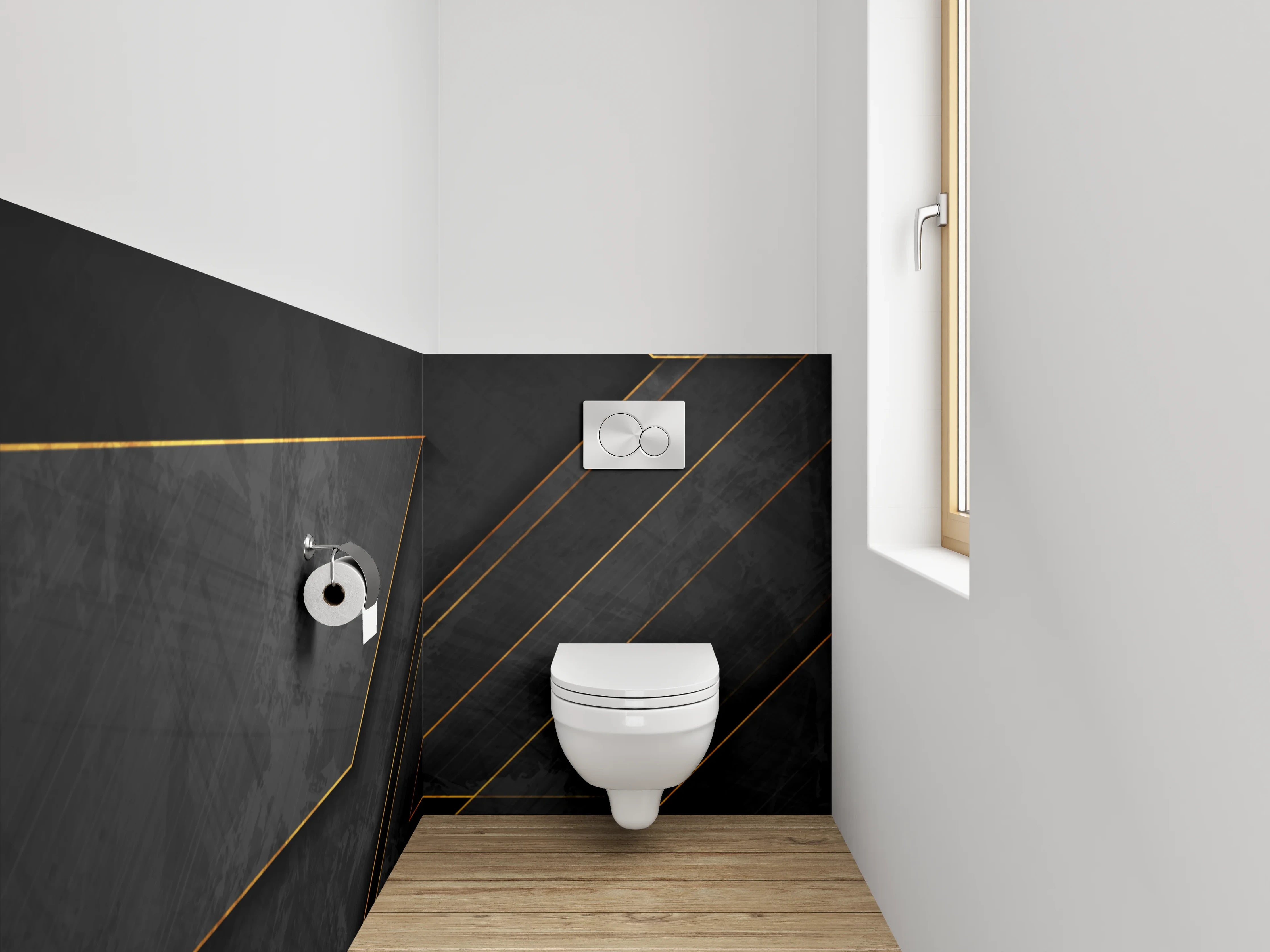 WC-Rückwand - Elegantes Schwarz-Gold Geometrie Design