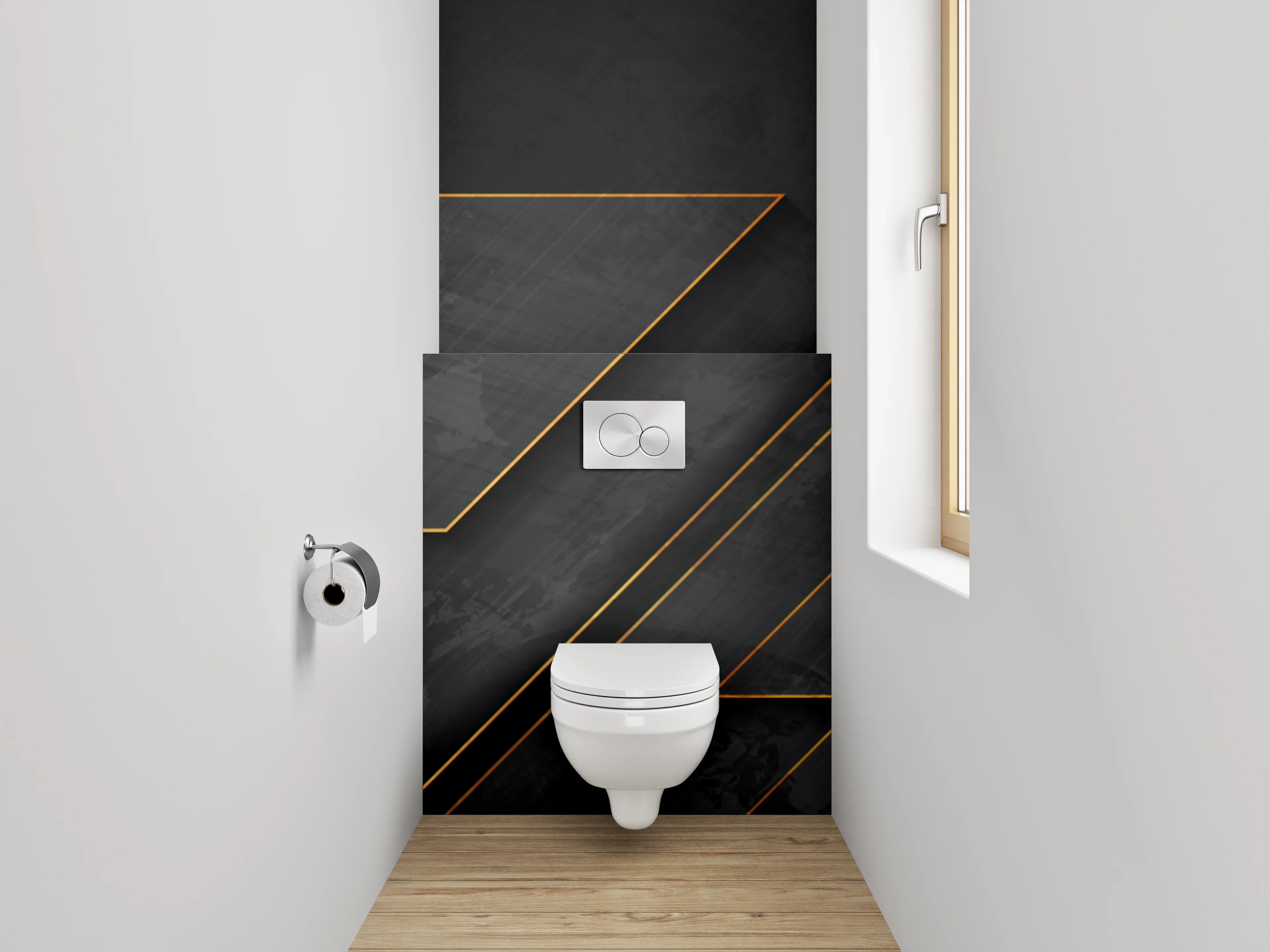 WC-Rückwand - Elegantes Schwarz-Gold Geometrie Design