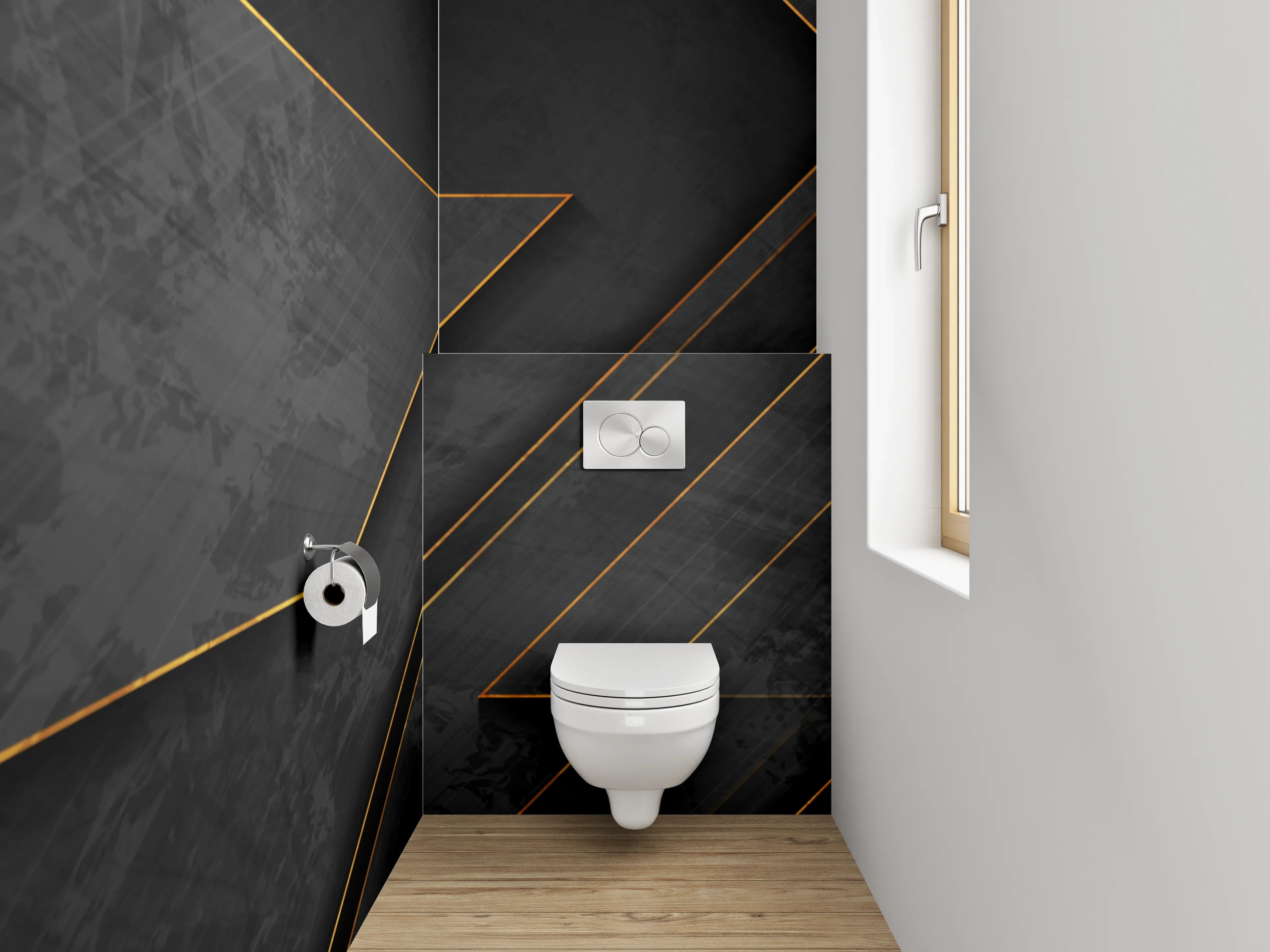 WC-Rückwand - Elegantes Schwarz-Gold Geometrie Design