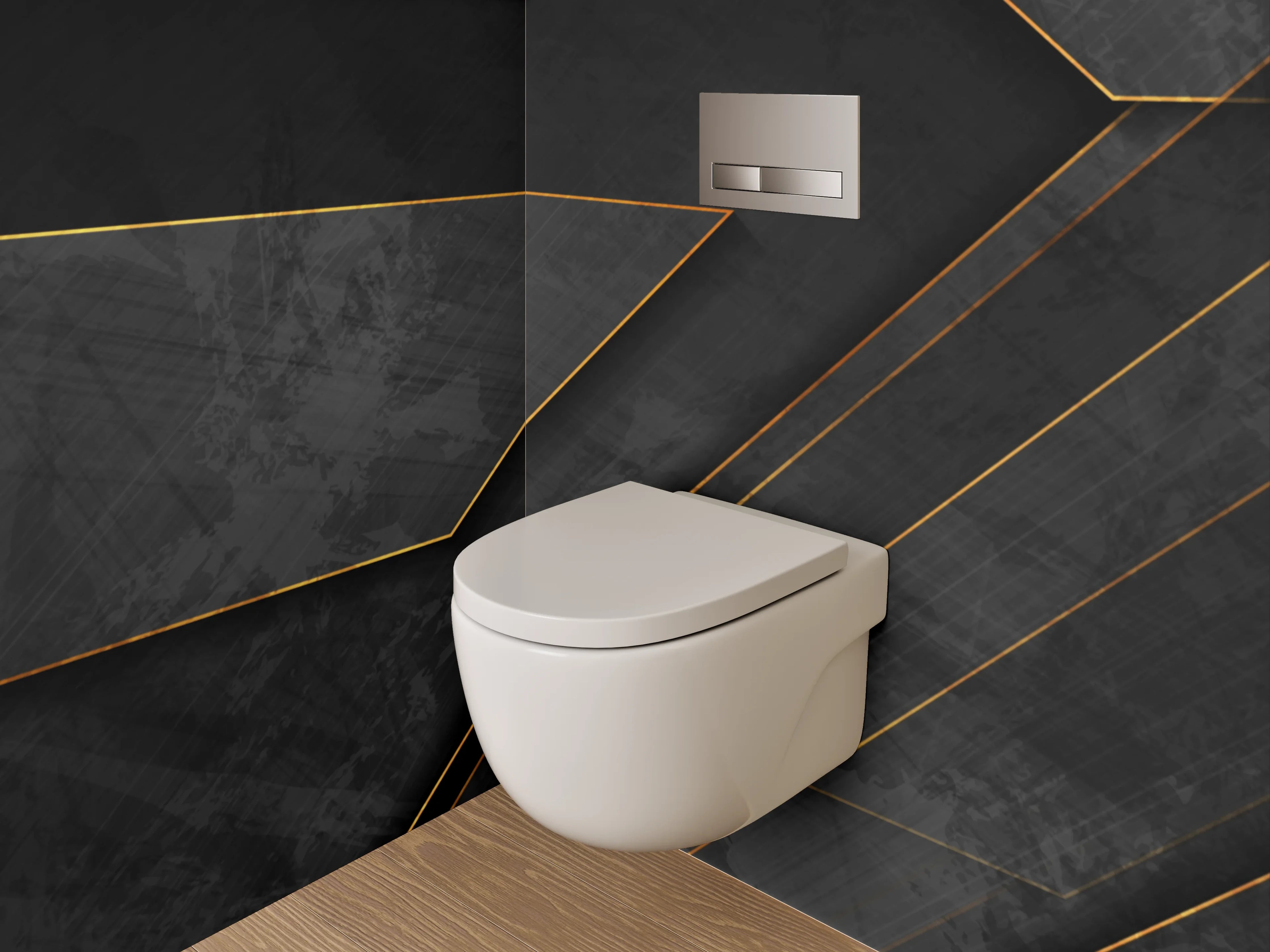 WC-Rückwand - Elegantes Schwarz-Gold Geometrie Design