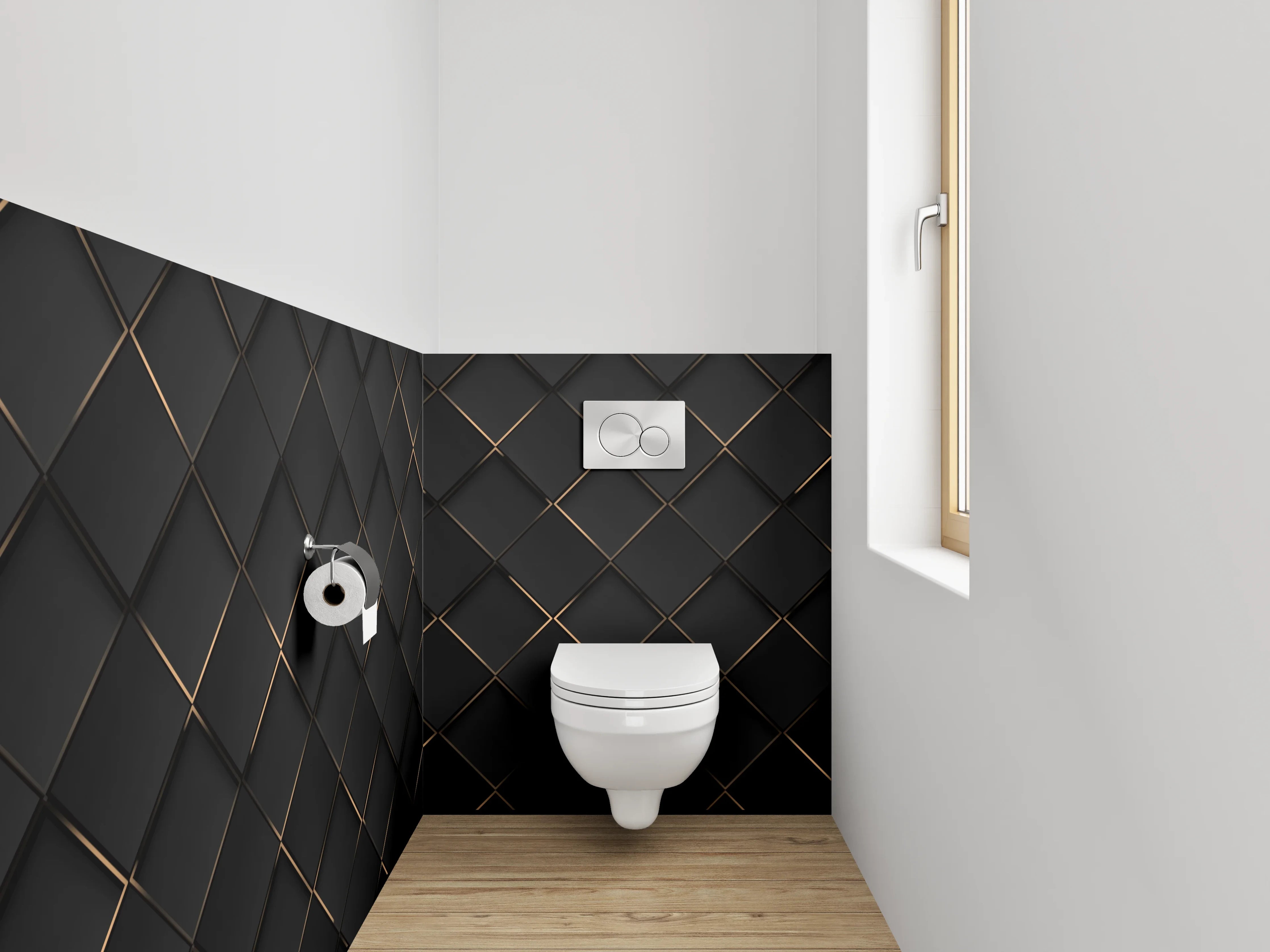 WC-Rückwand - Elegantes Schwarz-Gold-Muster 3D