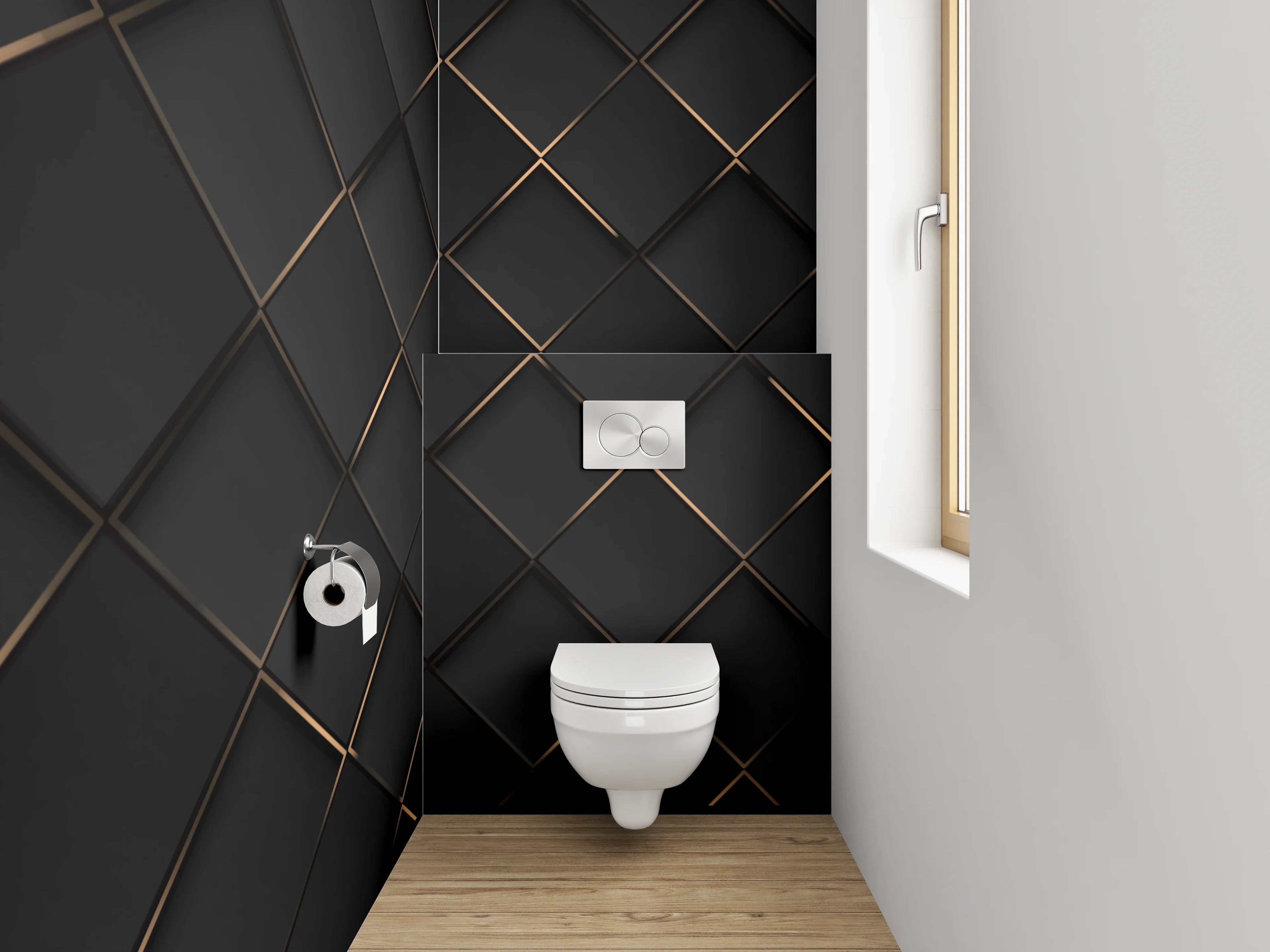 WC-Rückwand - Elegantes Schwarz-Gold-Muster 3D