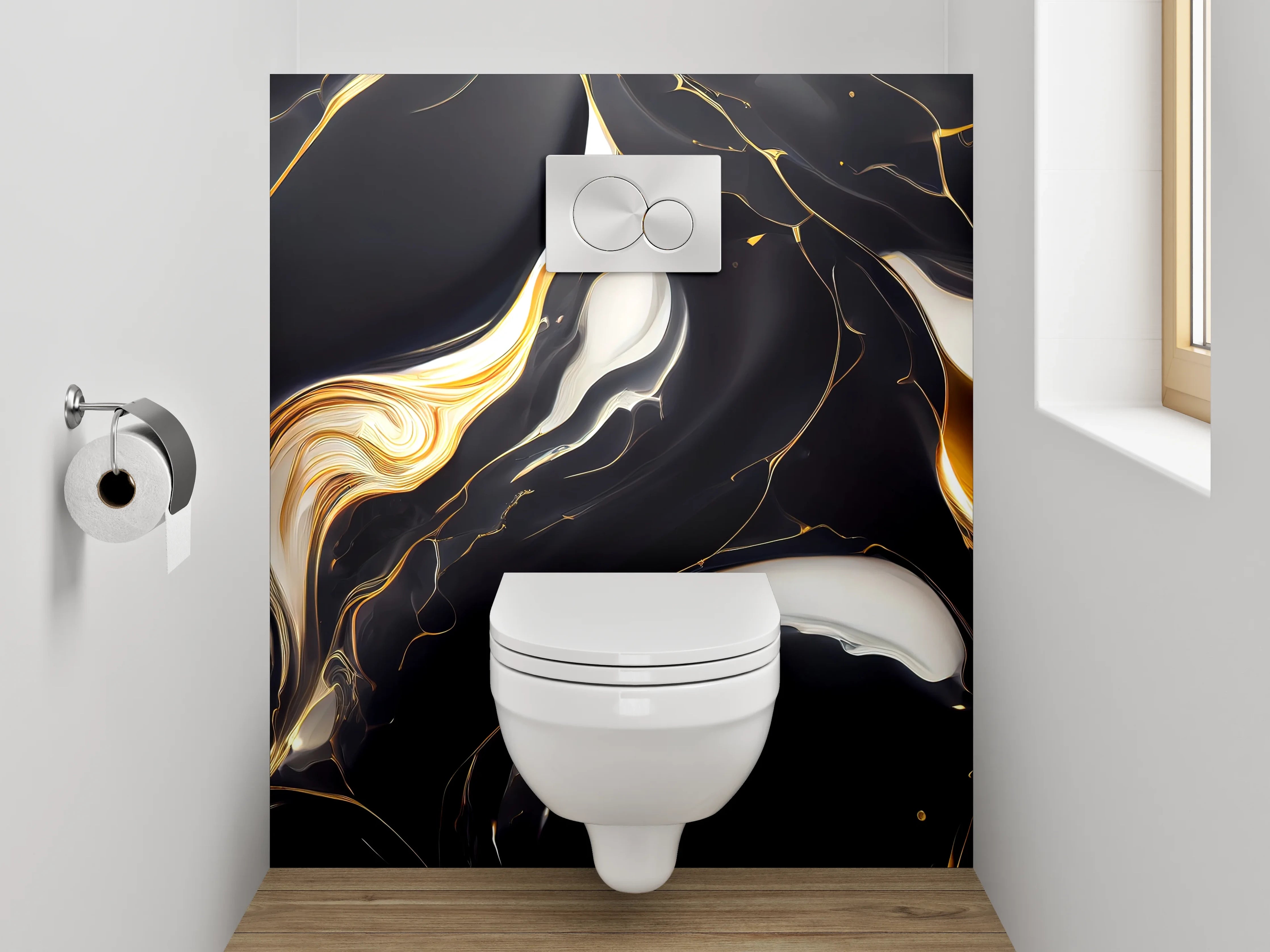 WC-Rückwand - Elegantes Schwarz-Weiß-Gold Marmor Design