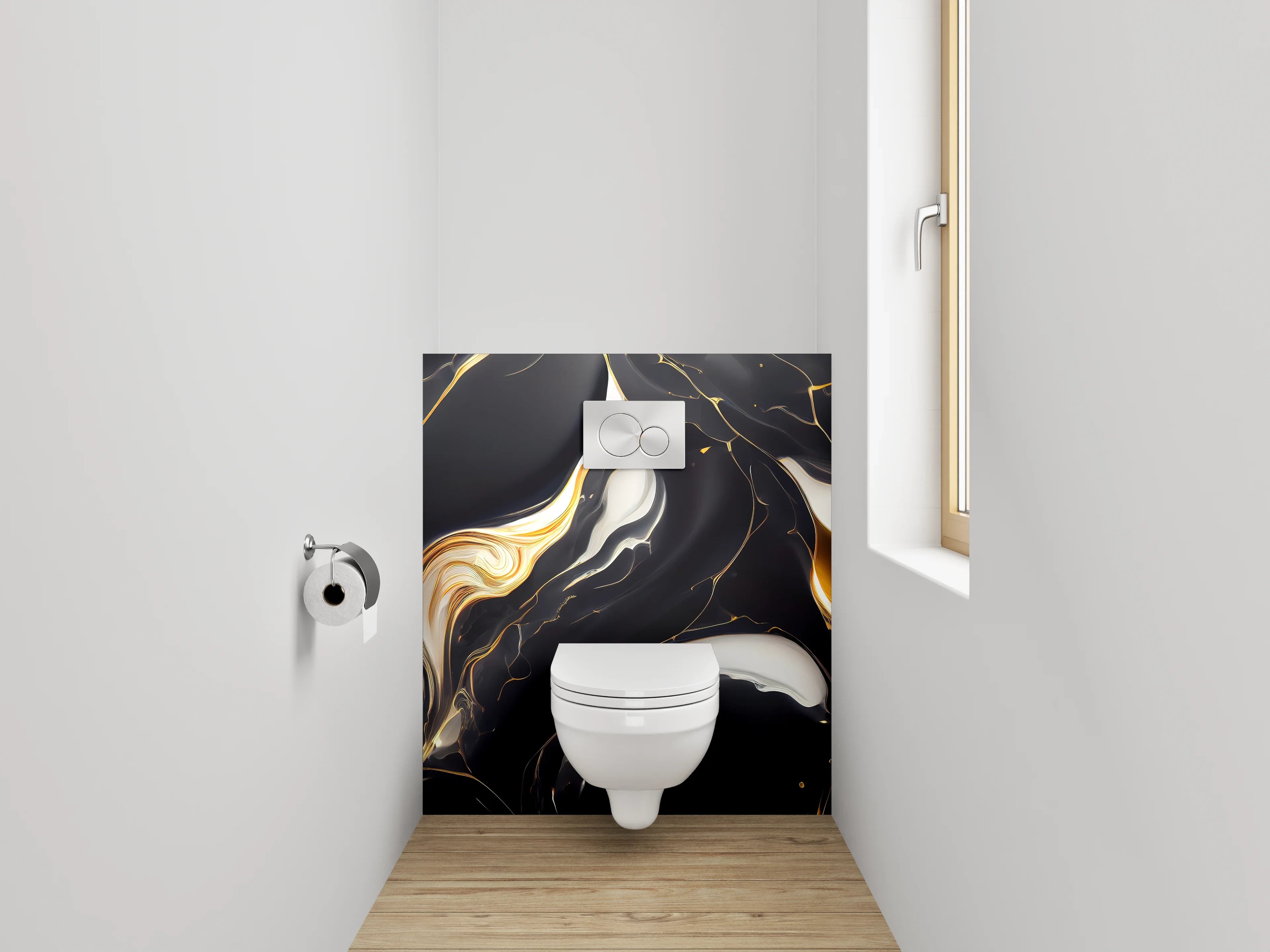 WC-Rückwand - Elegantes Schwarz-Weiß-Gold Marmor Design