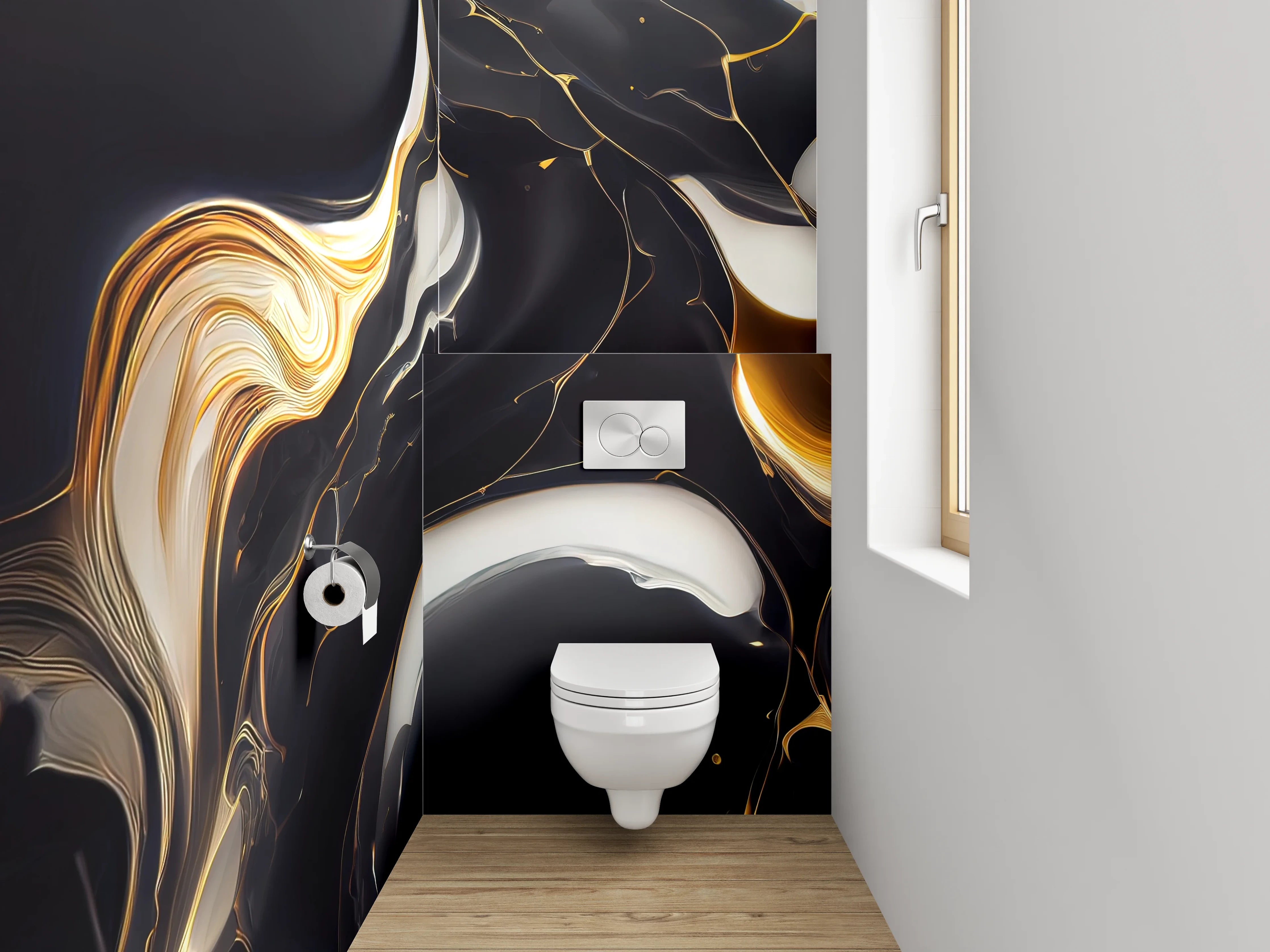 WC-Rückwand - Elegantes Schwarz-Weiß-Gold Marmor Design