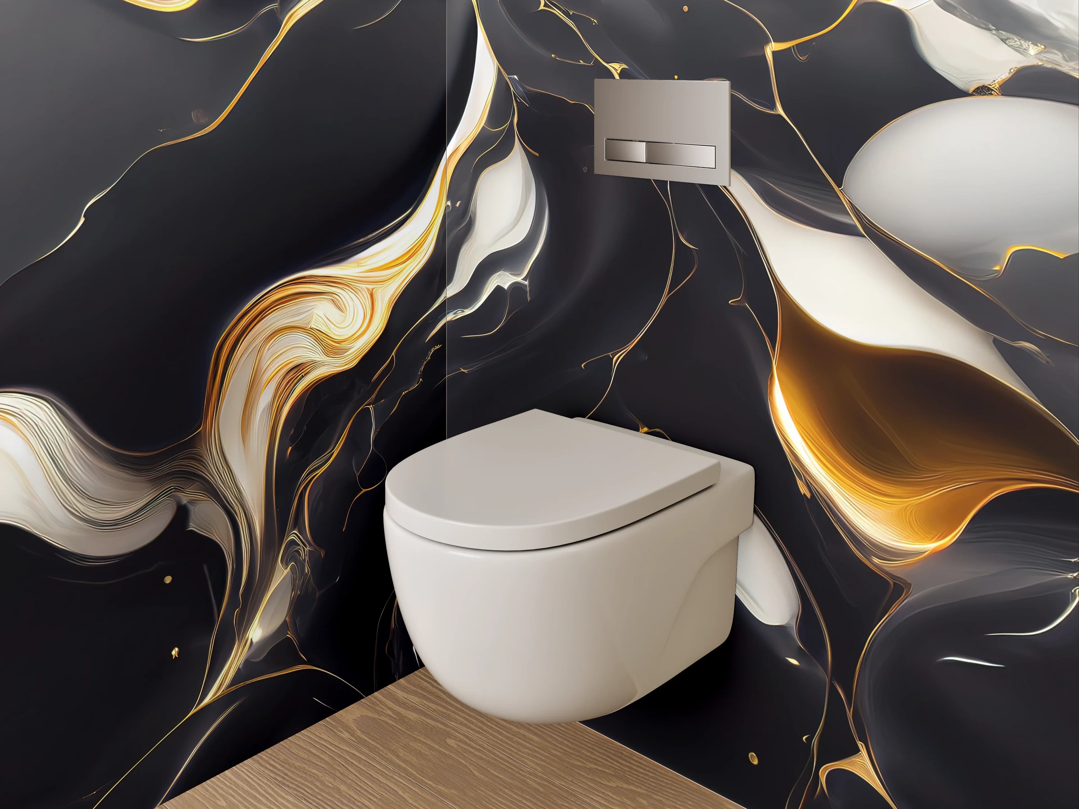WC-Rückwand - Elegantes Schwarz-Weiß-Gold Marmor Design