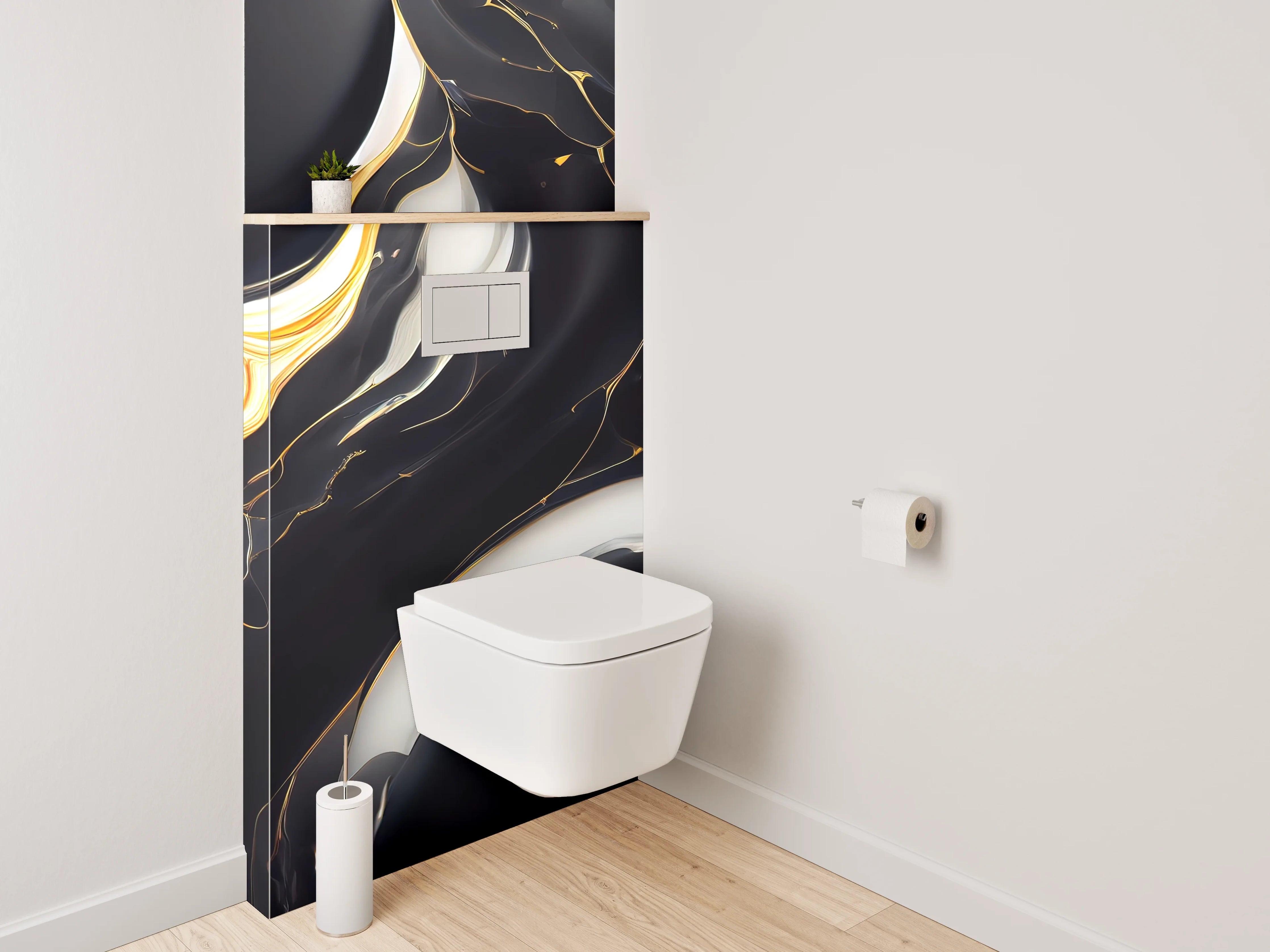 WC-Rückwand - Elegantes Schwarz-Weiß-Gold Marmor Design