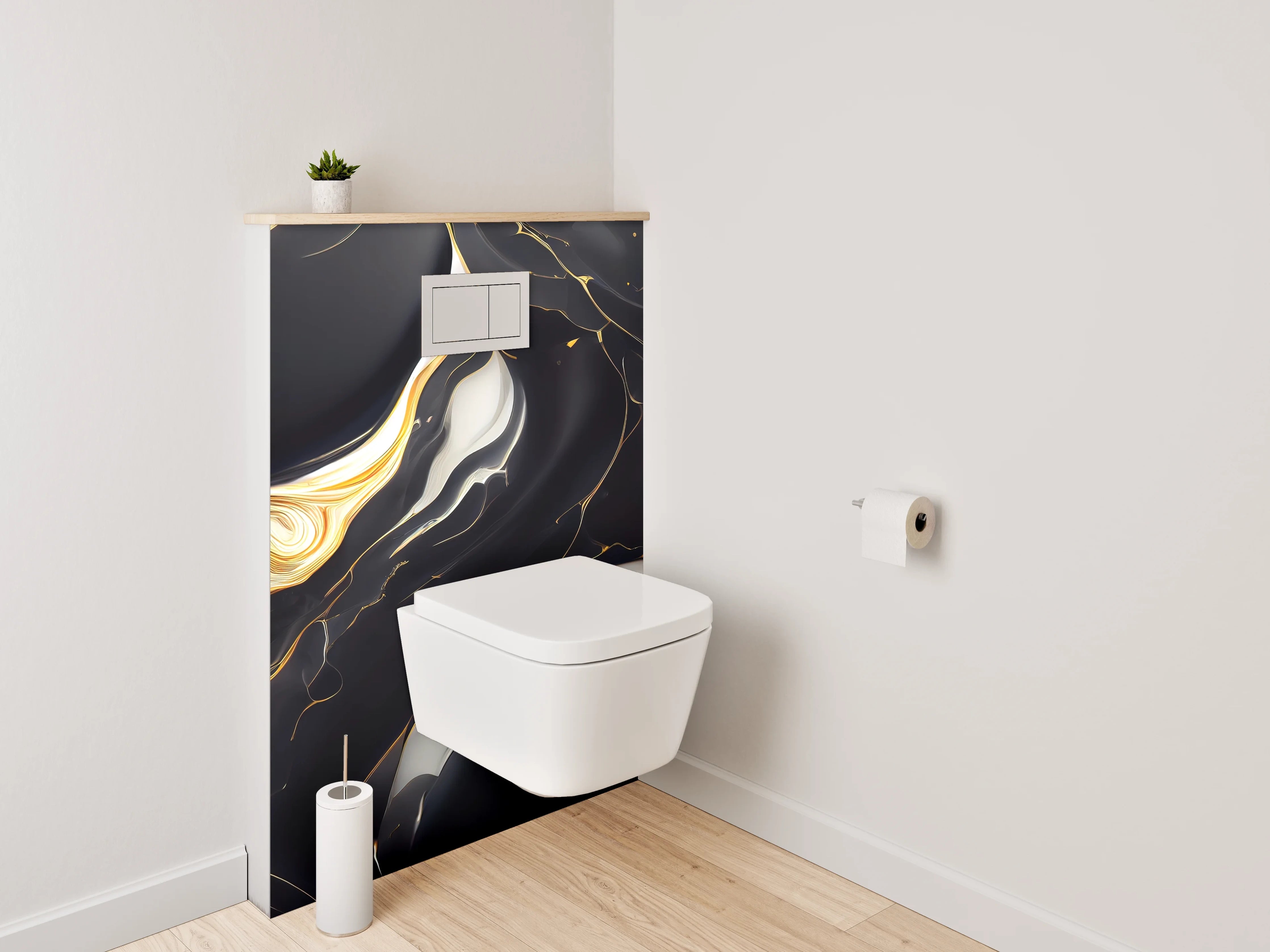 WC-Rückwand - Elegantes Schwarz-Weiß-Gold Marmor Design