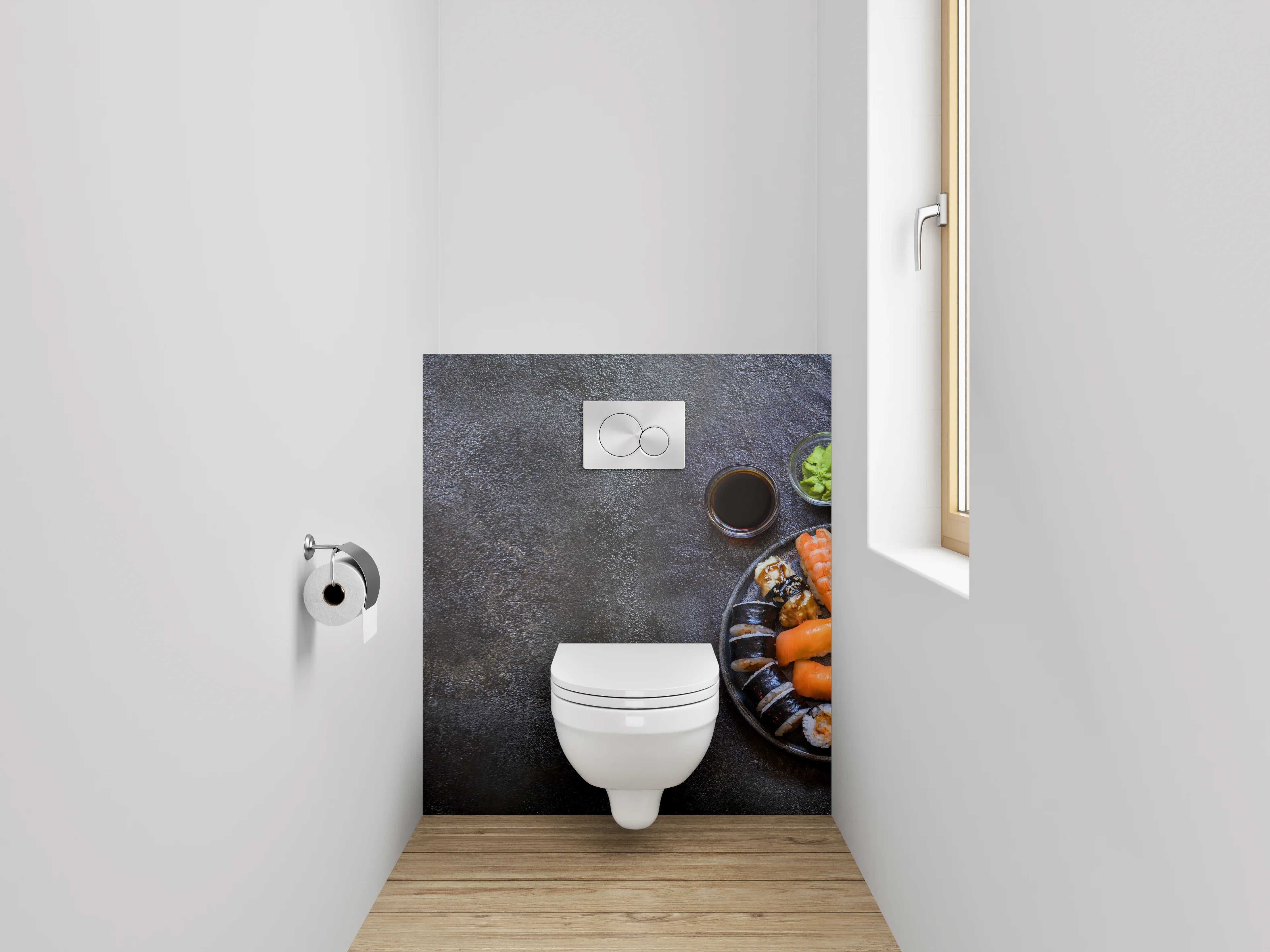 WC-Rückwand - Elegantes Sushi-Arrangement auf dunklem Untergrund