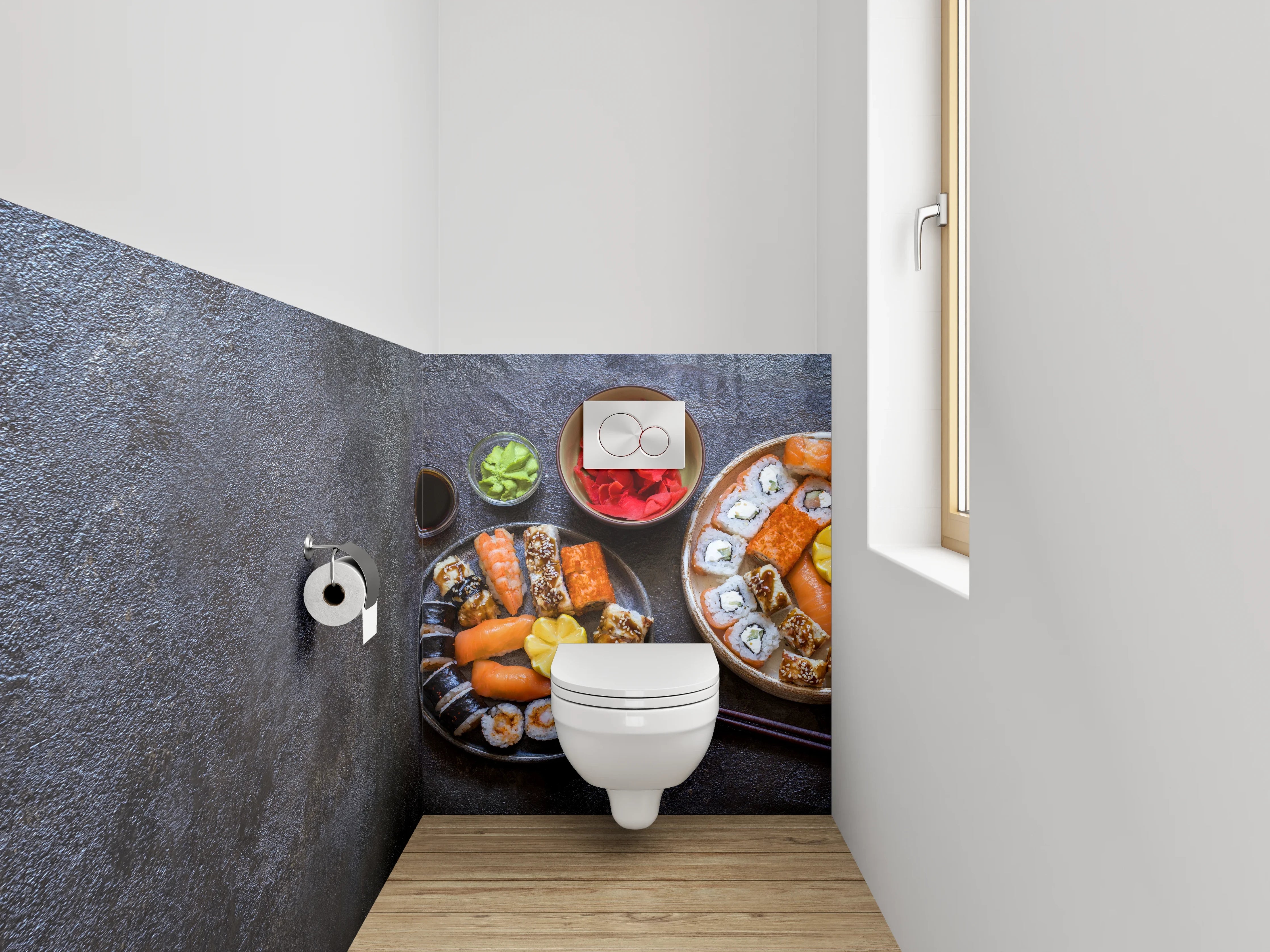 WC-Rückwand - Elegantes Sushi-Arrangement auf dunklem Untergrund
