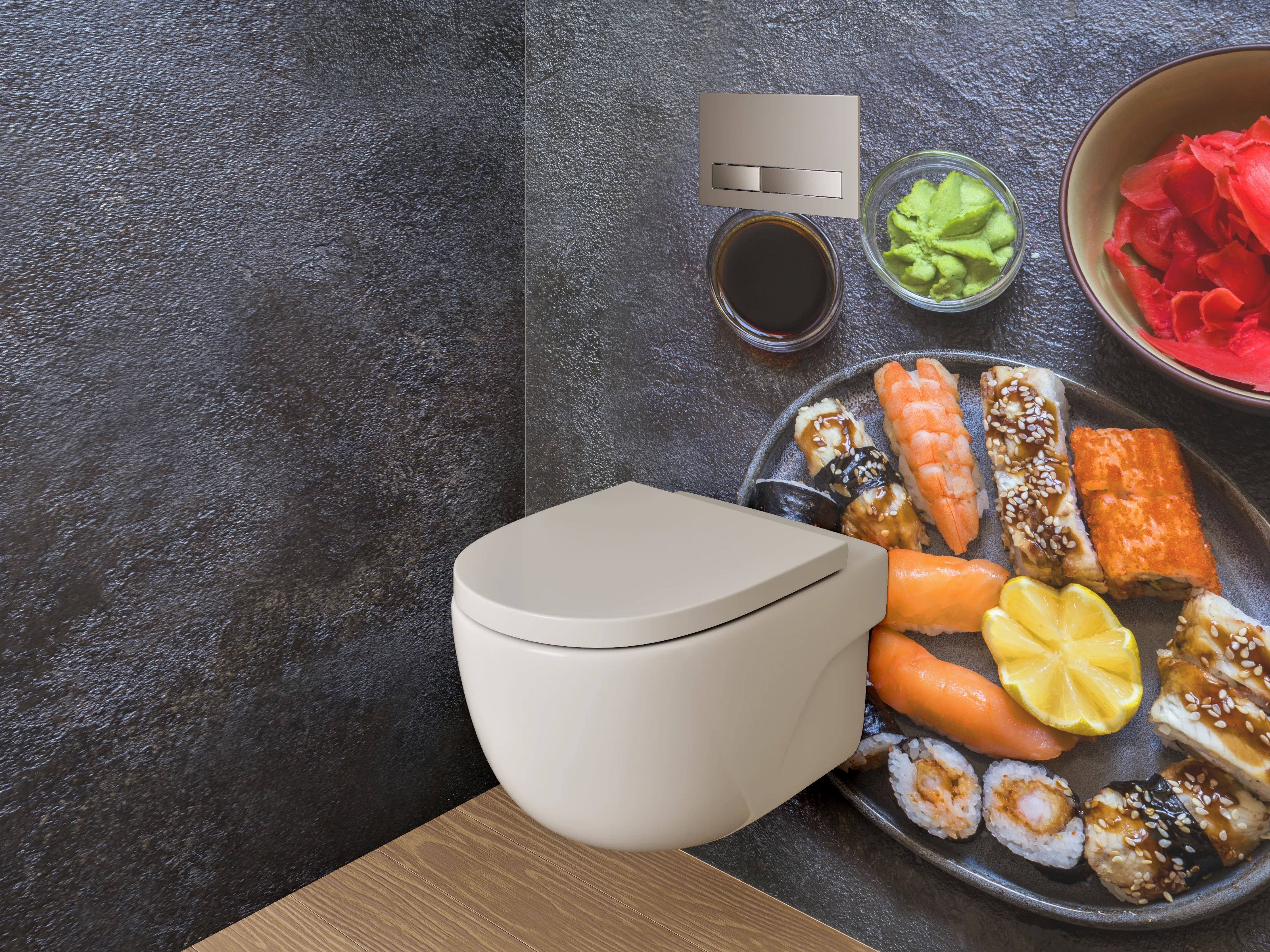 WC-Rückwand - Elegantes Sushi-Arrangement auf dunklem Untergrund
