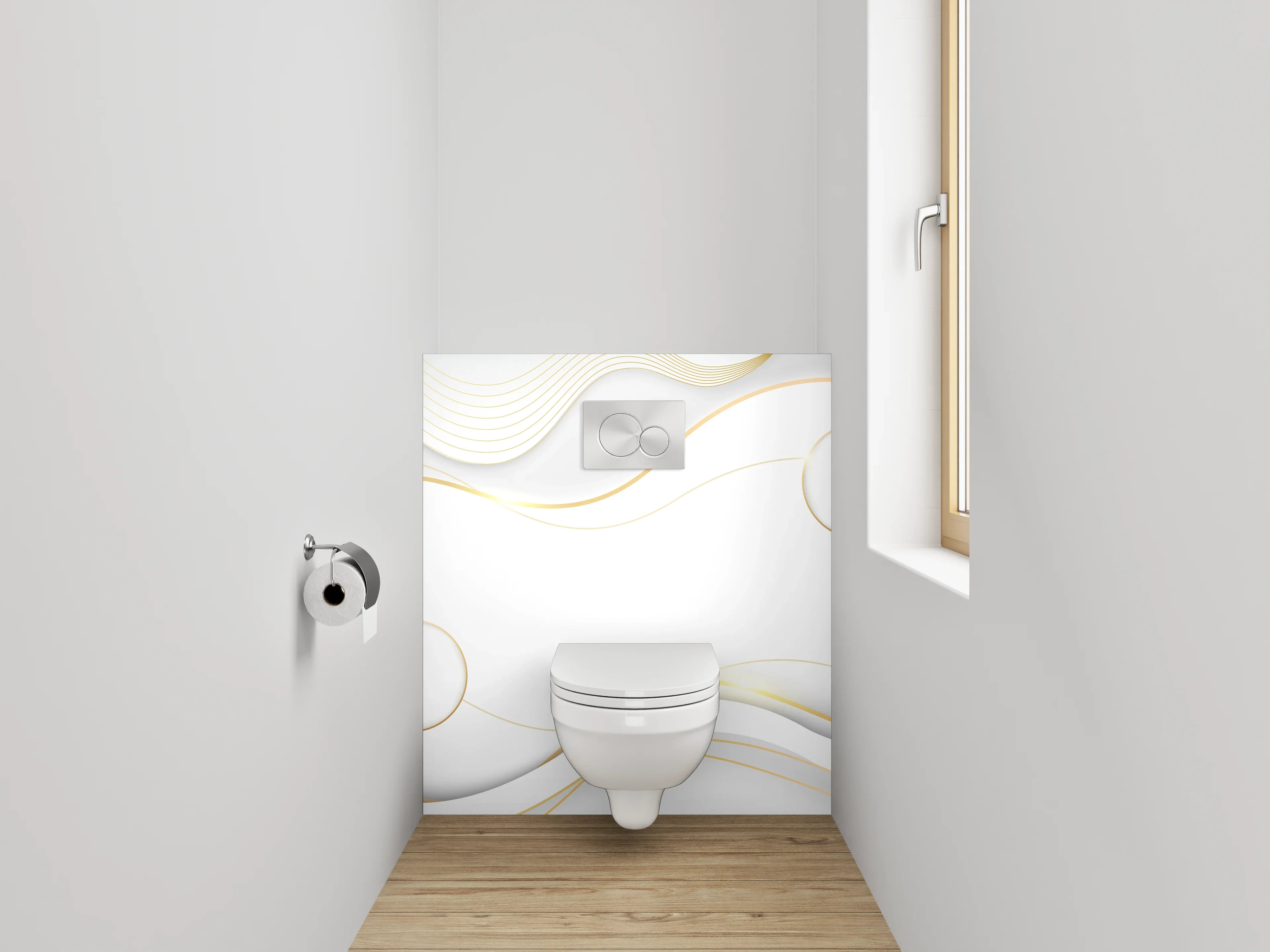 WC-Rückwand - Elegantes Weiß-Gold Linienmuster