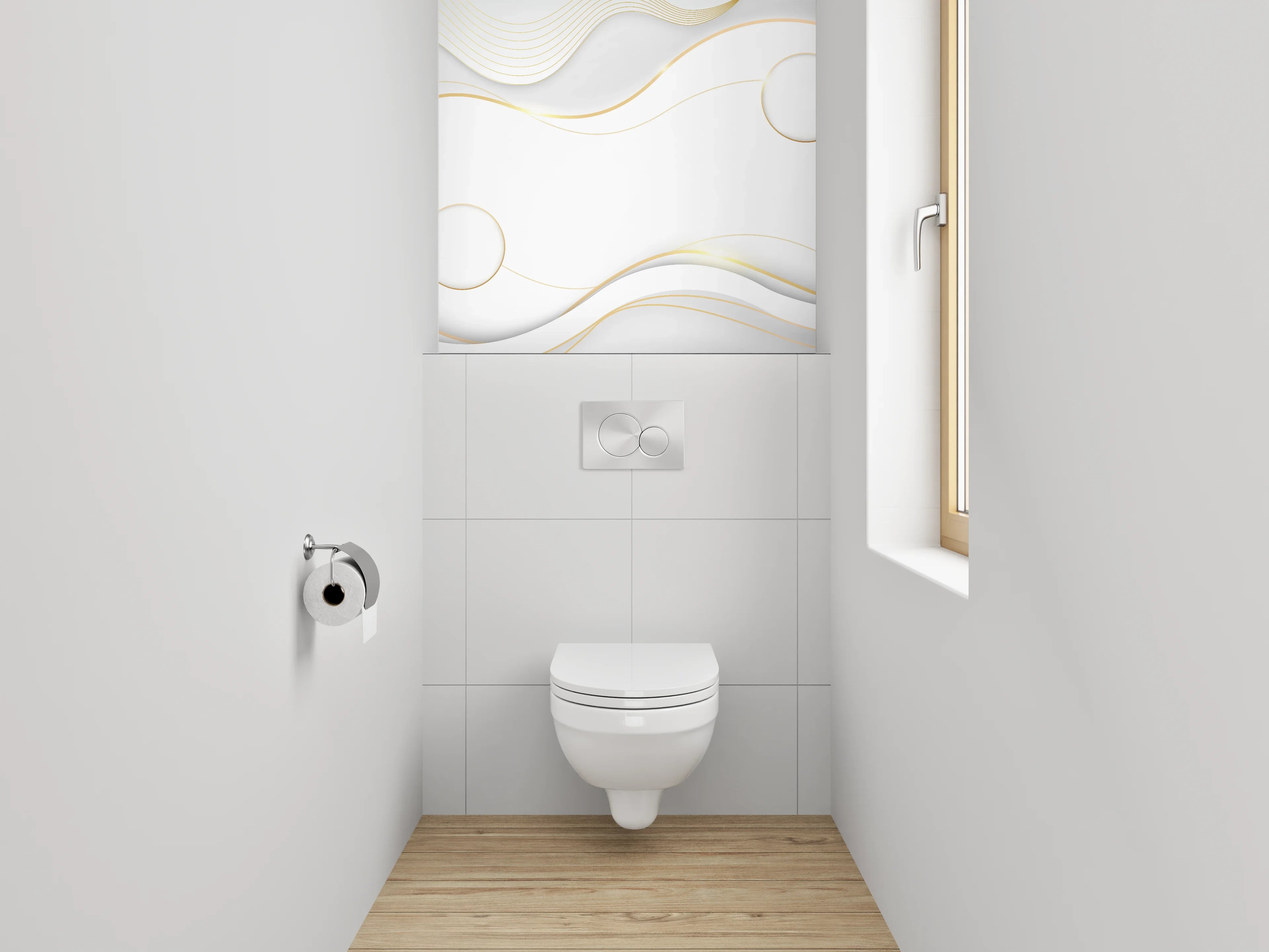 WC-Rückwand - Elegantes Weiß-Gold Linienmuster