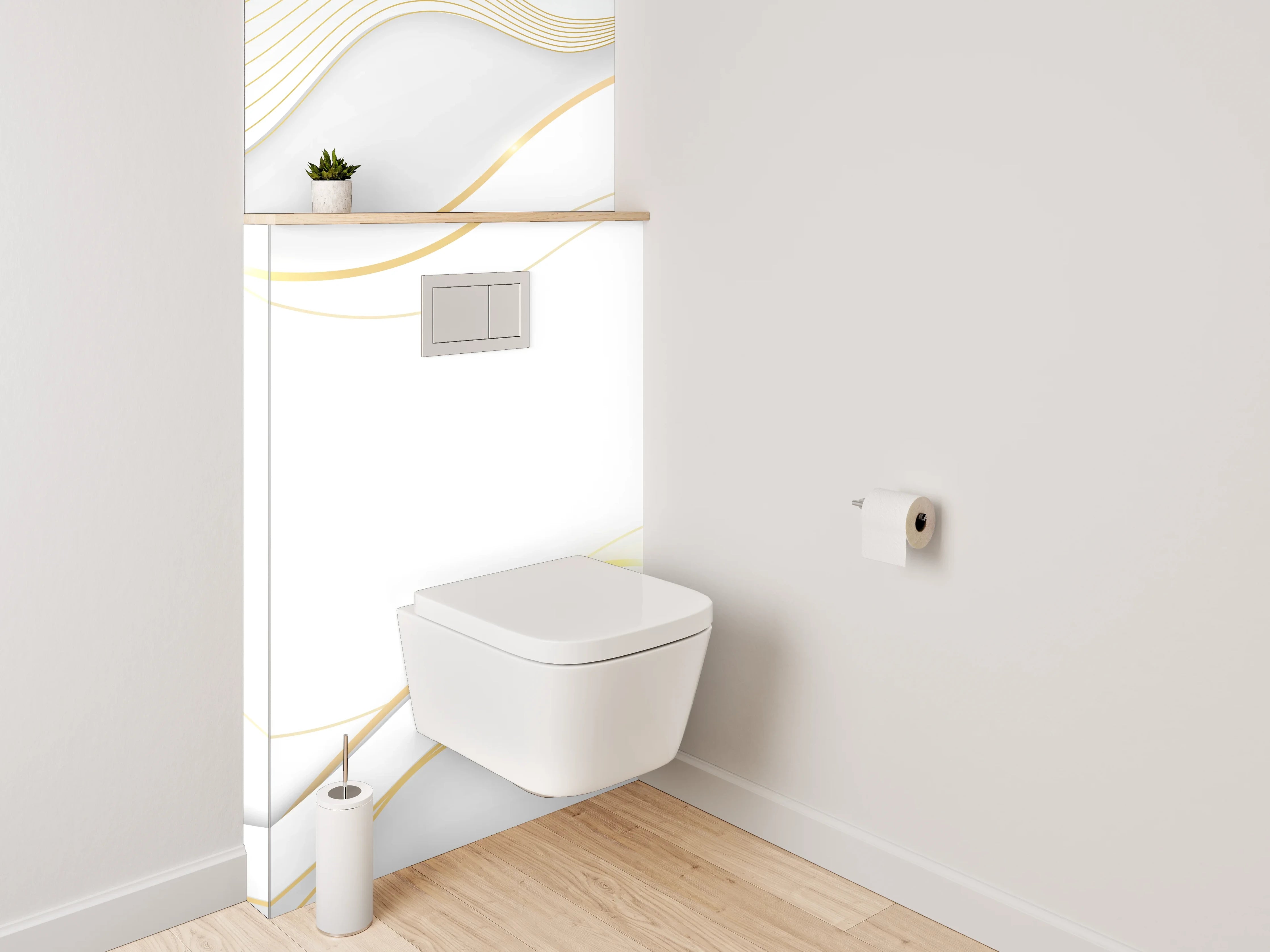 WC-Rückwand - Elegantes Weiß-Gold Linienmuster