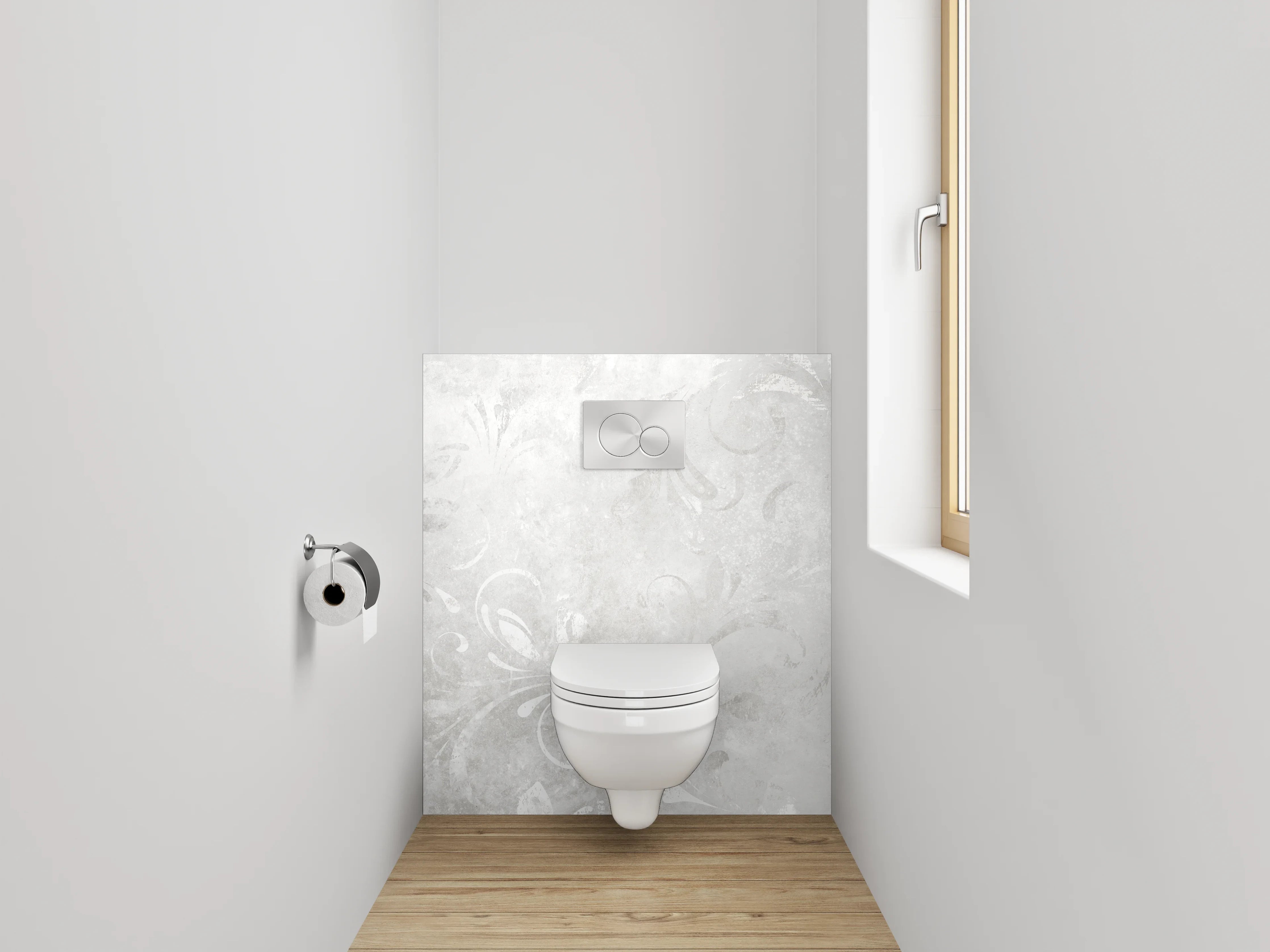 WC-Rückwand - Elegantes Weiß-Grau Ornament Design