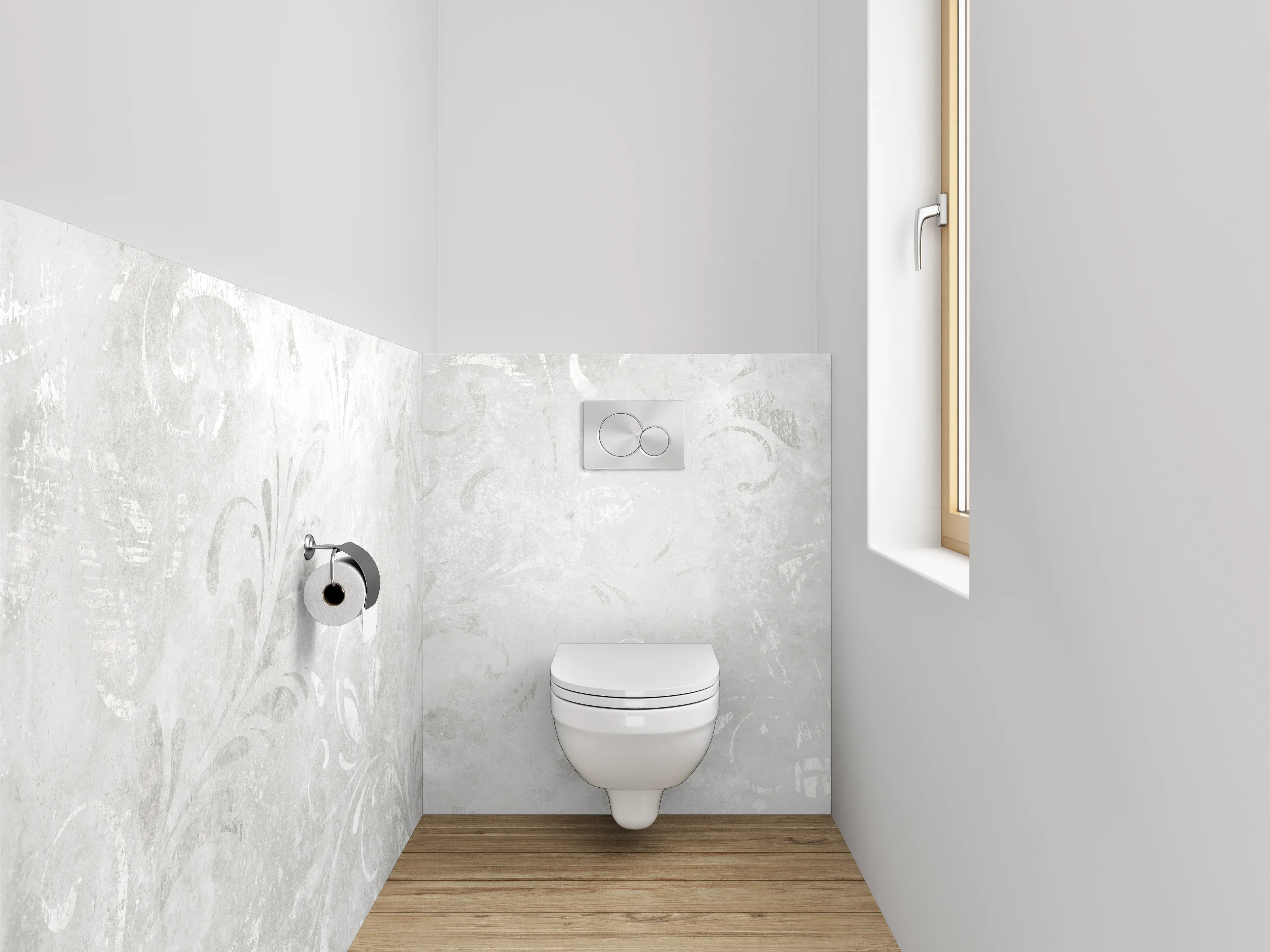 WC-Rückwand - Elegantes Weiß-Grau Ornament Design